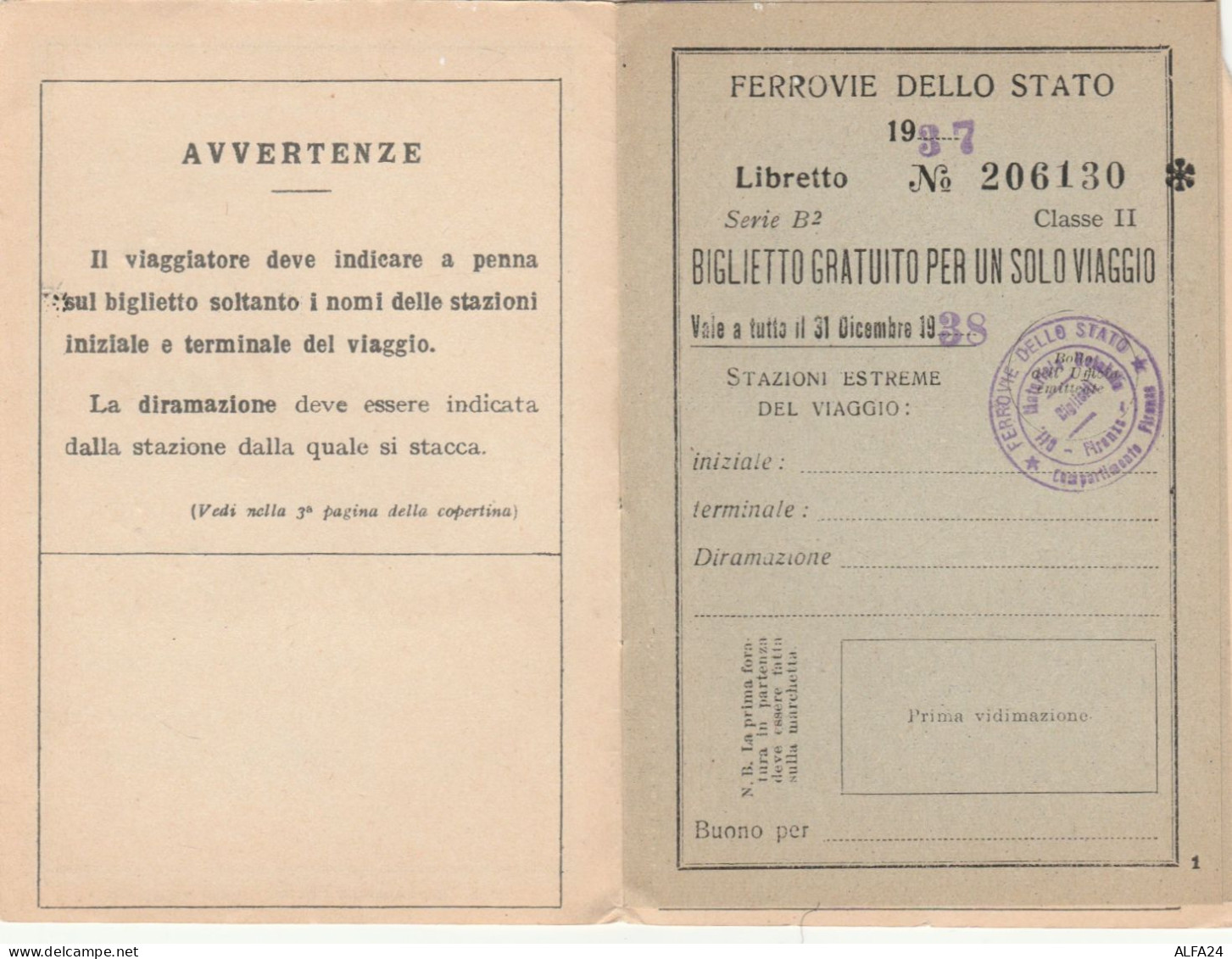 TESSERA VIAGGI DEL PERSONALE FERROVIE 1937 (XF156 - Europe