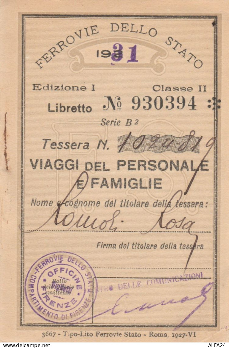 TESSERA VIAGGI DEL PERSONALE FERROVIE 1931 (XF157 - Europe