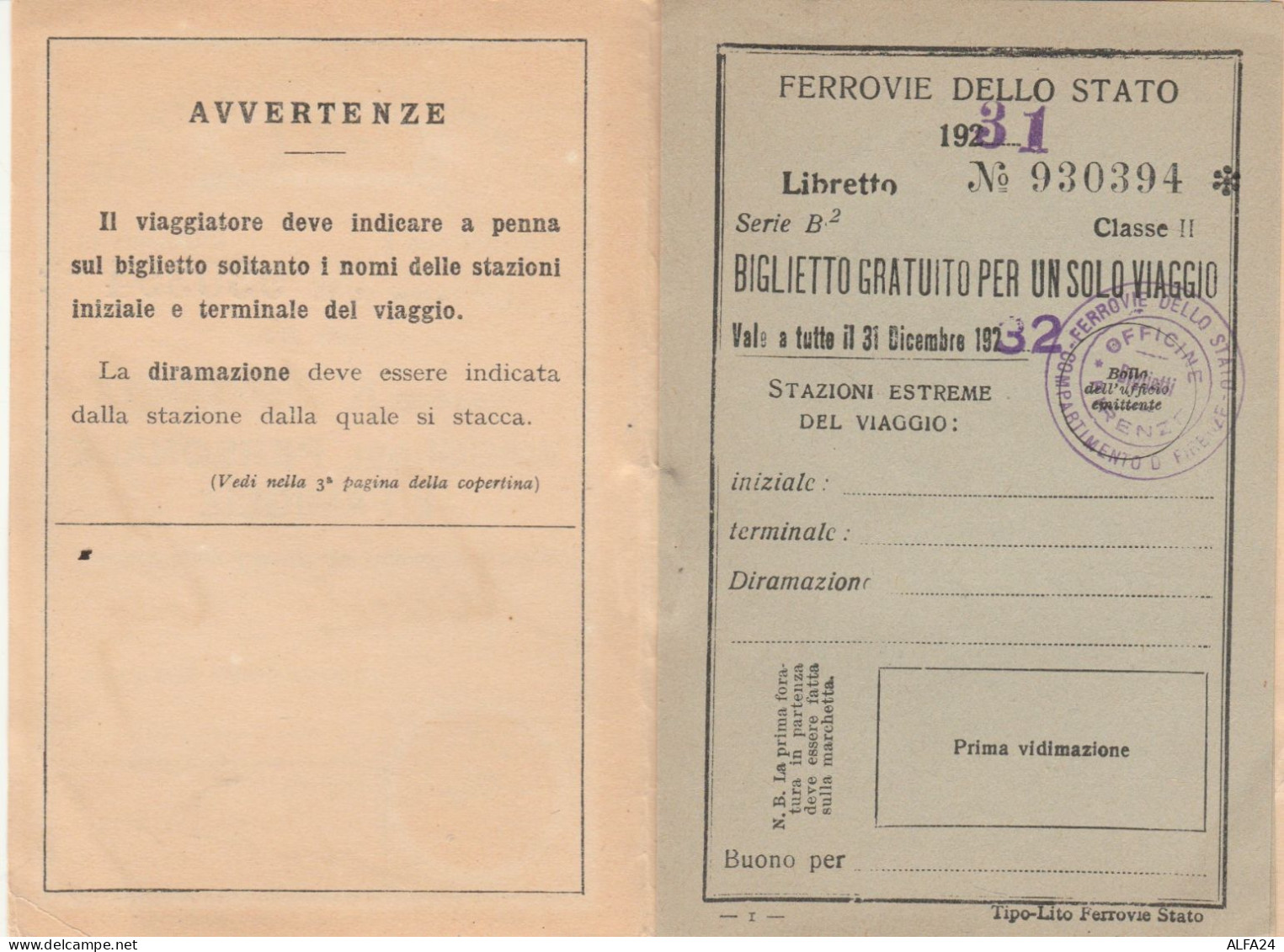 TESSERA VIAGGI DEL PERSONALE FERROVIE 1931 (XF157 - Europe