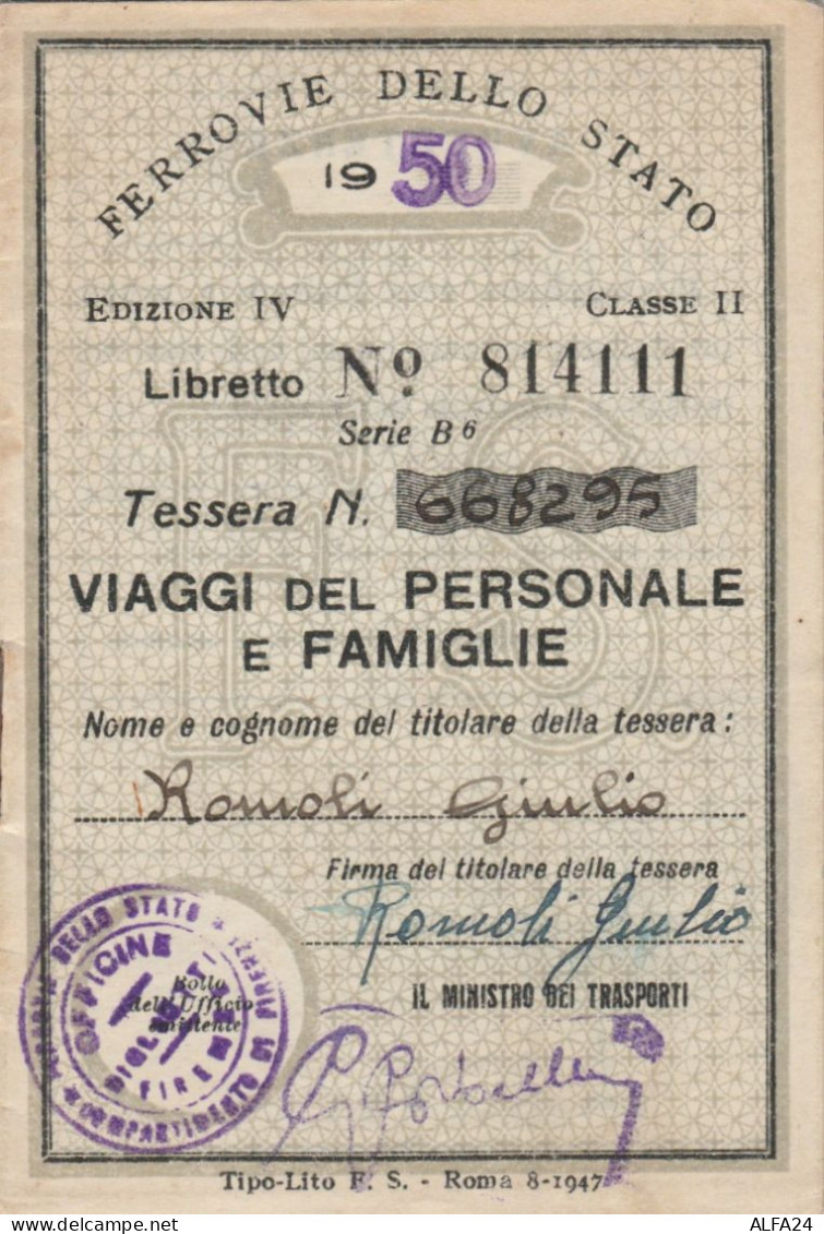 TESSERA VIAGGI DEL PERSONALE FERROVIE 1950 (XF155 - Europa