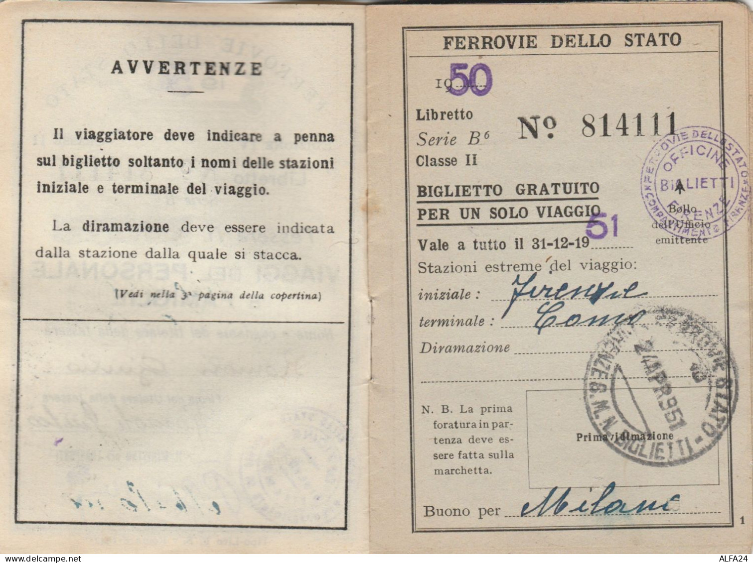 TESSERA VIAGGI DEL PERSONALE FERROVIE 1950 (XF155 - Europa