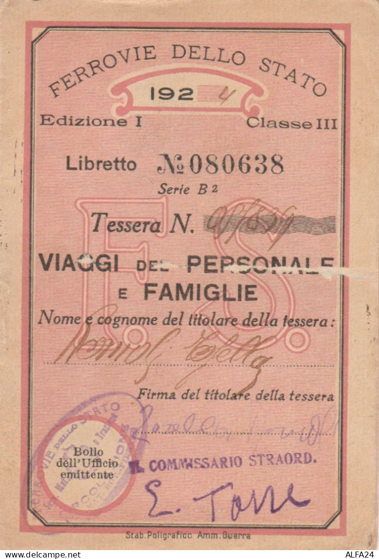 TESSERA VIAGGI DEL PERSONALE FERROVIE 1924  (XF153 - Europa