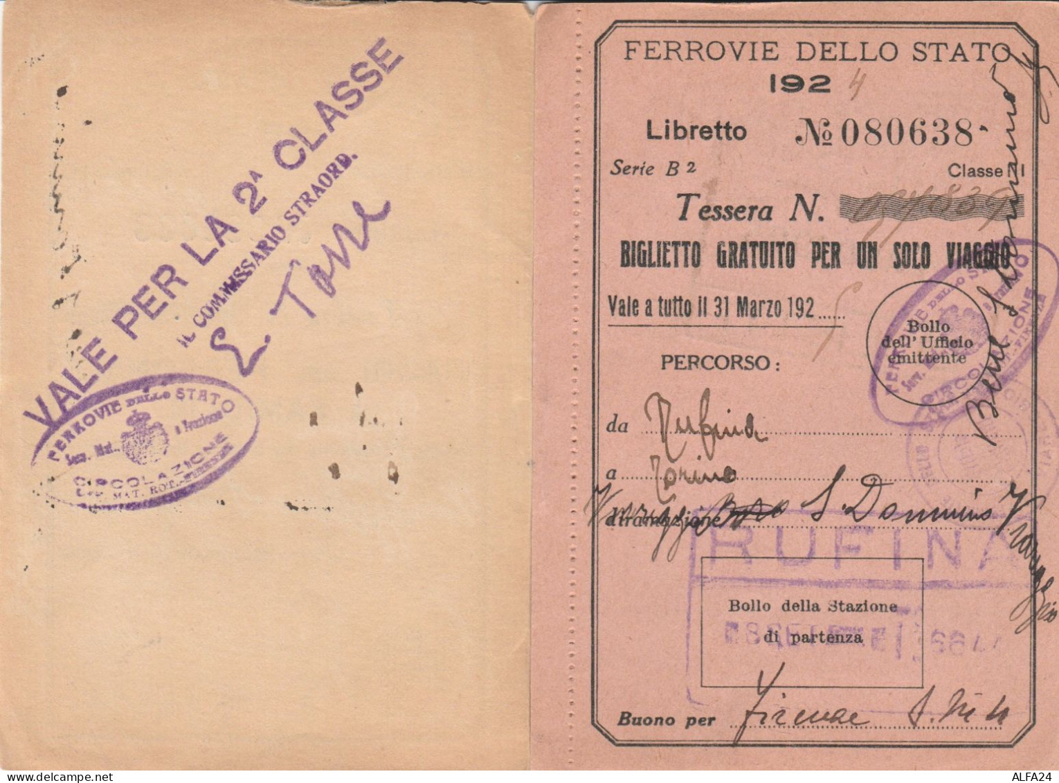 TESSERA VIAGGI DEL PERSONALE FERROVIE 1924  (XF153 - Europe