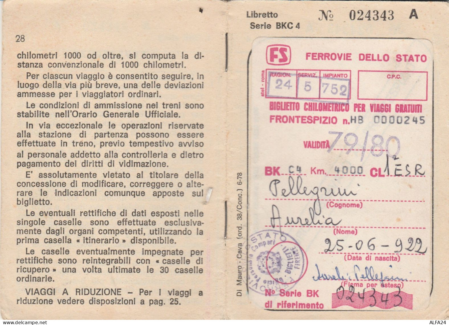 LIBRETTO FERROVIE BIGLIETTO CHILOMETRICO VIAGGI GRATUITI 1979-80 (XF139 - Europe