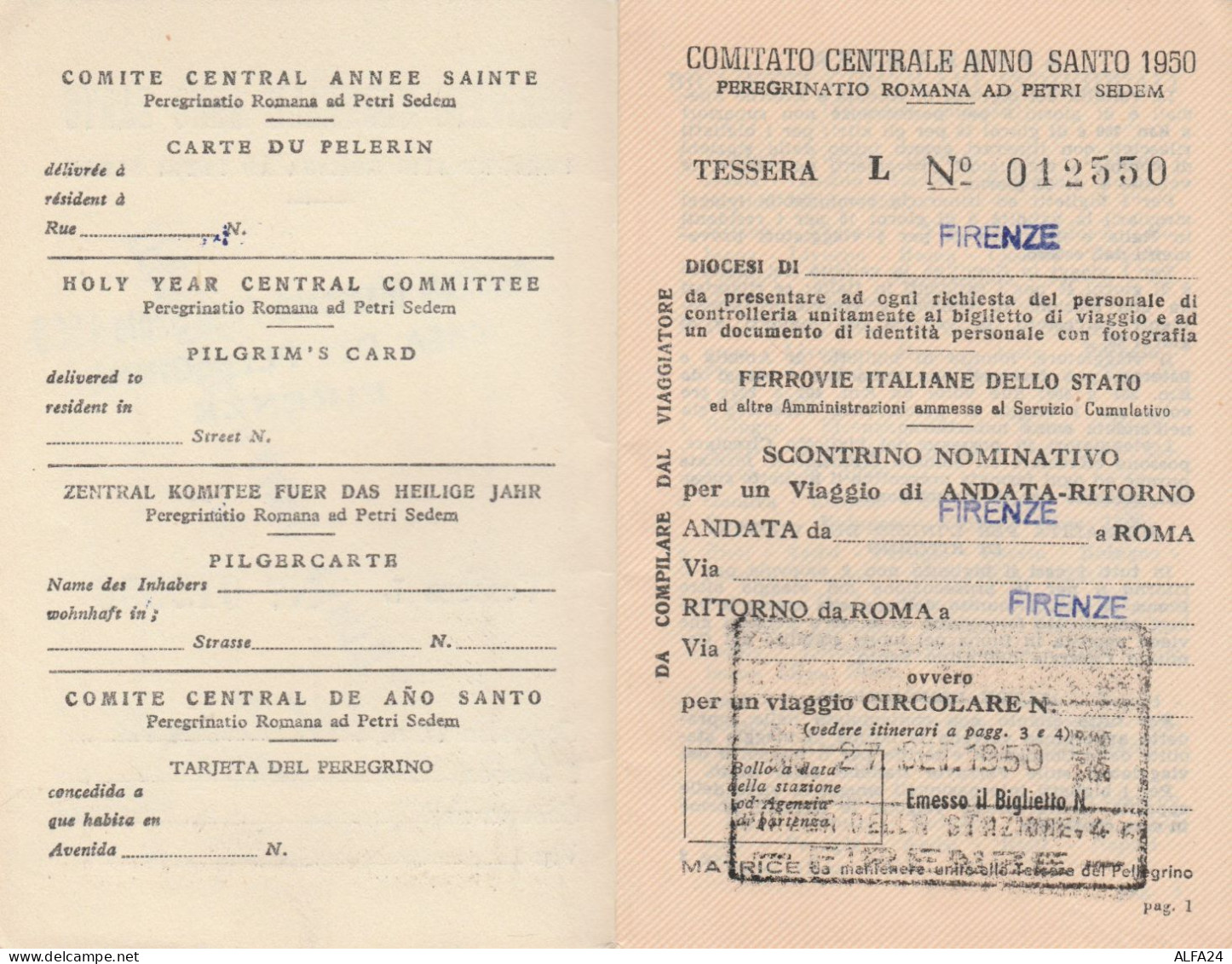 TESSERA COMITATO CENTRALE ANNO SANTO 1950 FERROVIE DELLO STATO (XF96 - Europa