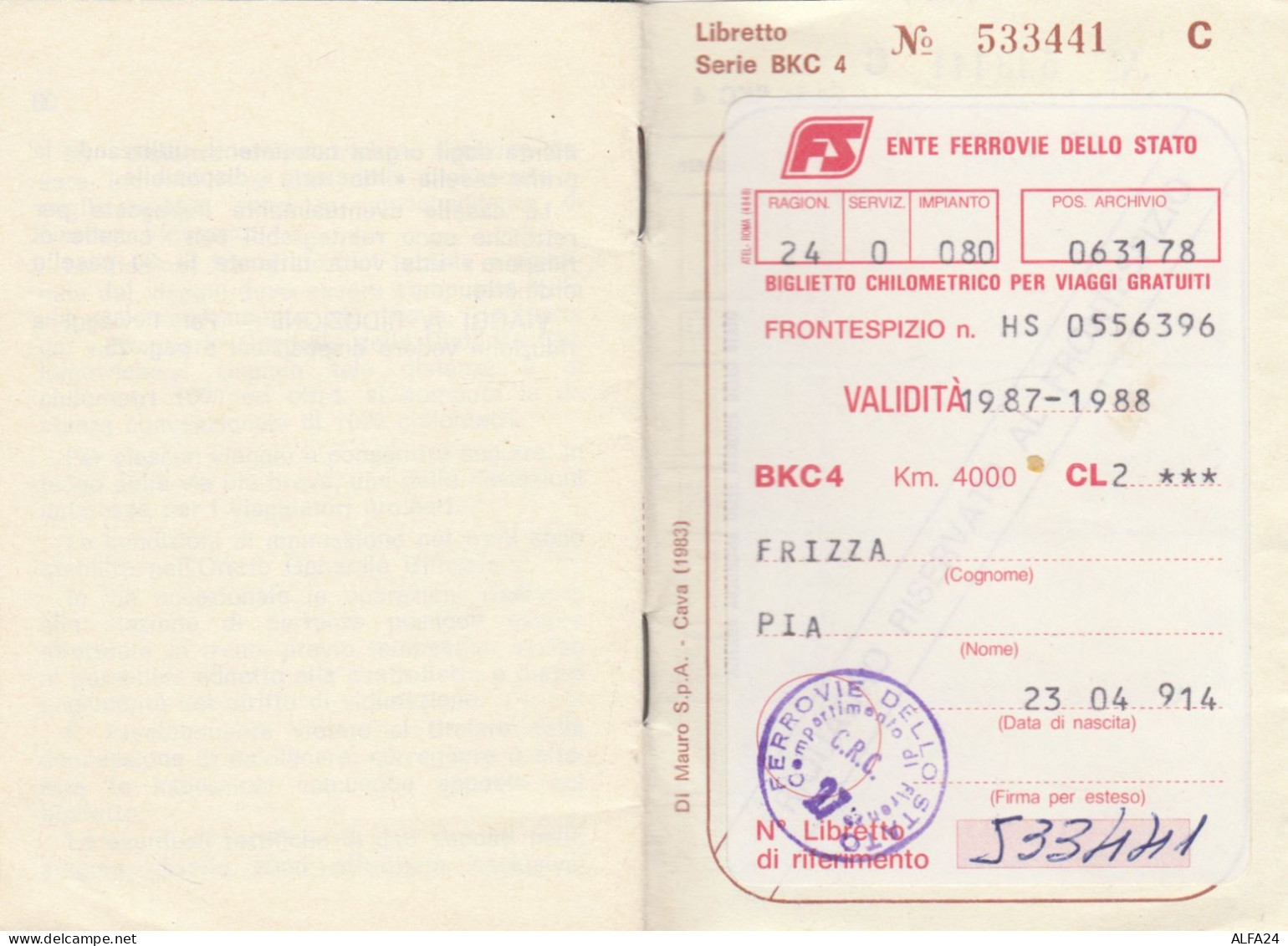 LIBRETTO FERROVIE BIGLIETTO CHILOMETRICO VIAGGI GRATUITI 1987 (XF115 - Europe