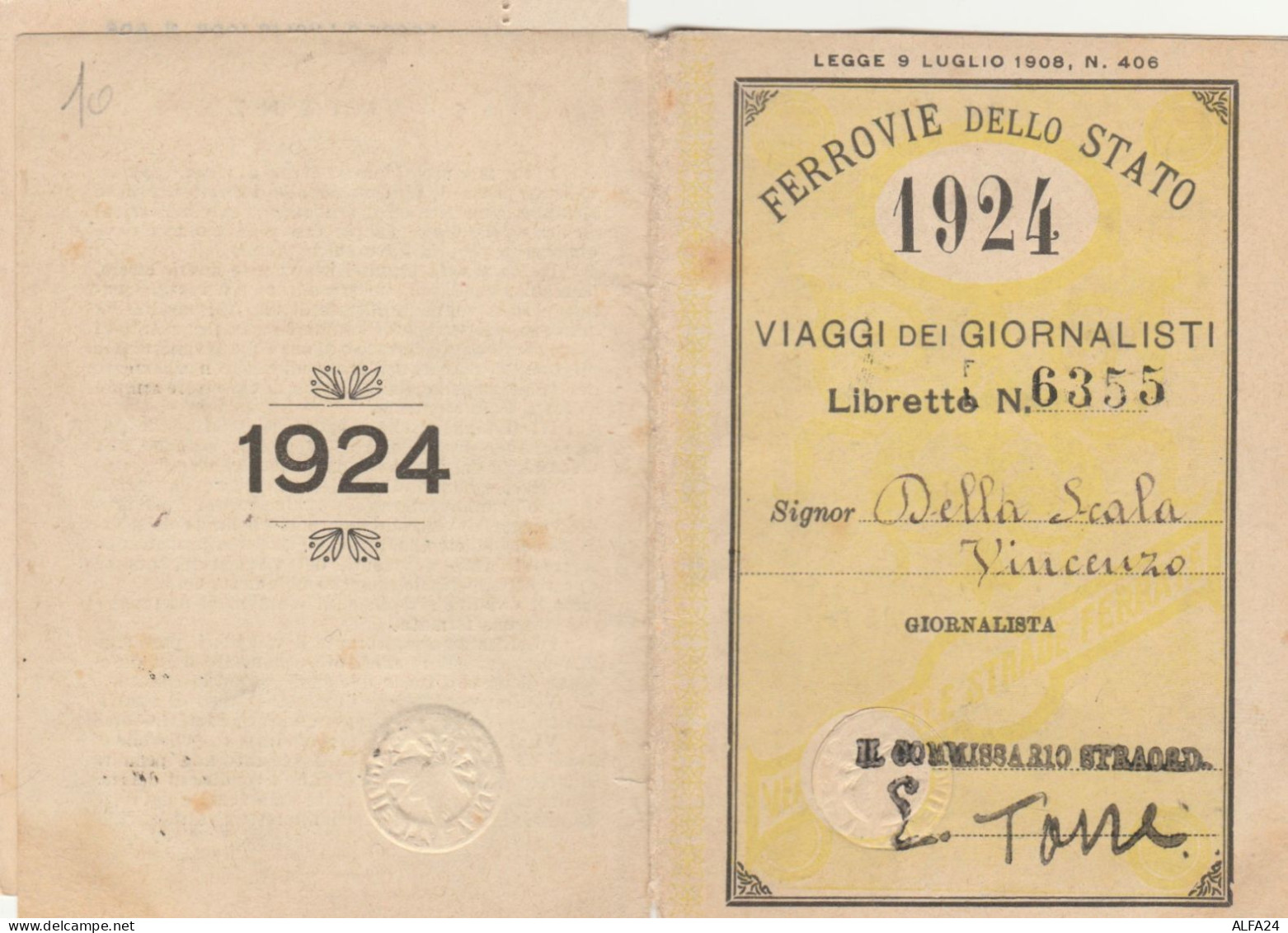 TESSERA 1924 VIAGGI PER GIORNALISTI (XF98 - Europa