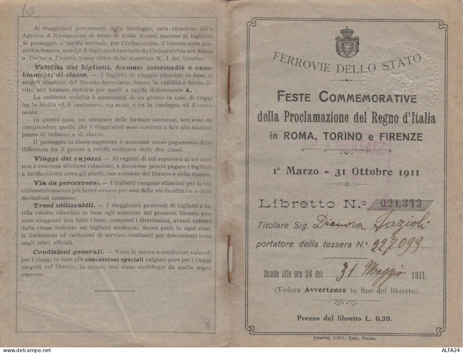 LIBRETTO FERROVIE STATO 1911 FESTE COMMEMORATIVE  (XF93 - Europe