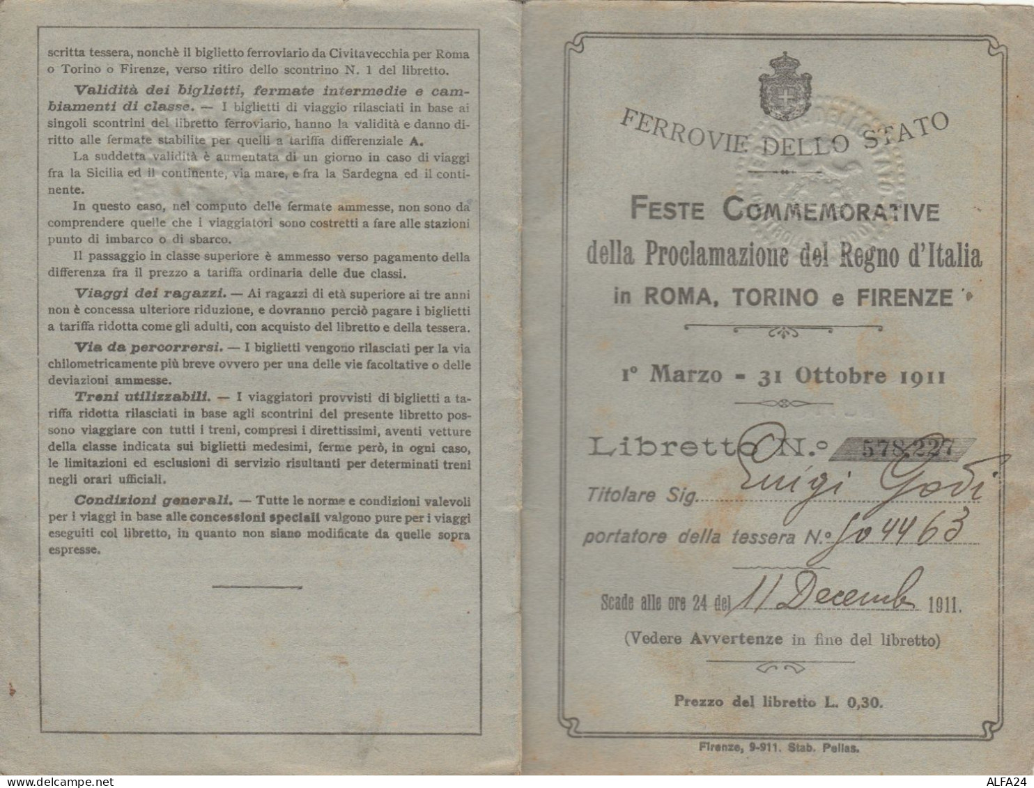 LIBRETTO FERROVIE STATO 1911 FESTE COMMEMORATIVE  (XF95 - Europa