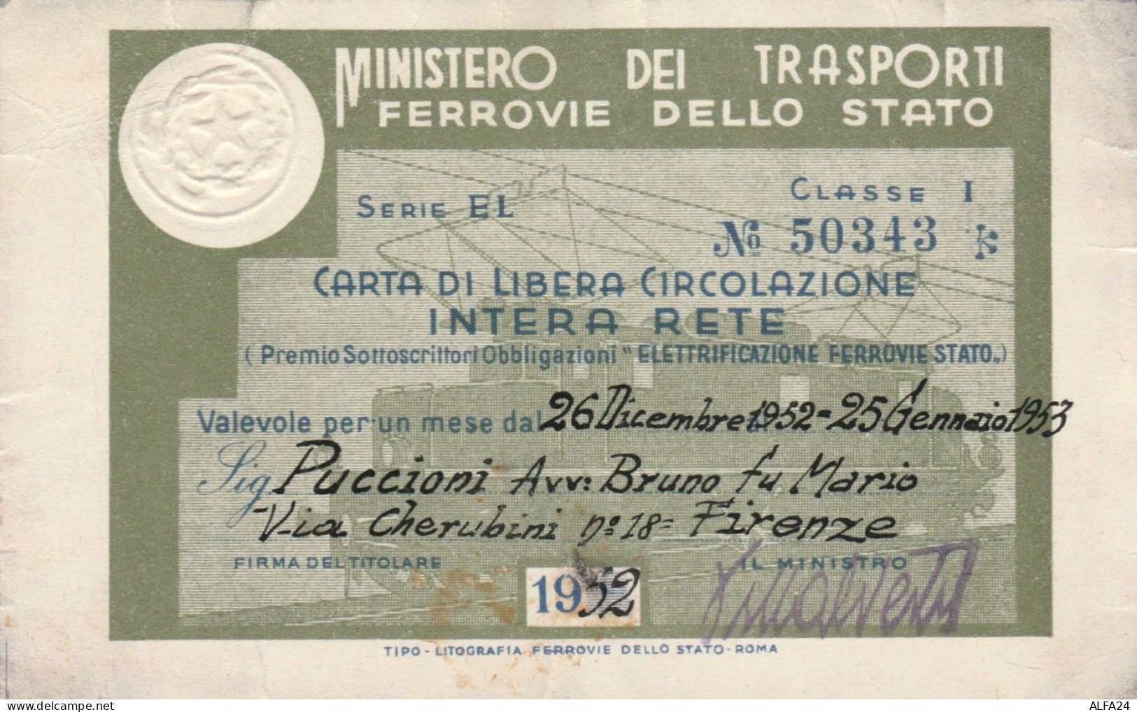 CARTA LIBERA CIRCOLAZIONE FERROVIE DELLO STATO 1952 (PREMIO OBBLIGAZIONI) (XF53 - Europa