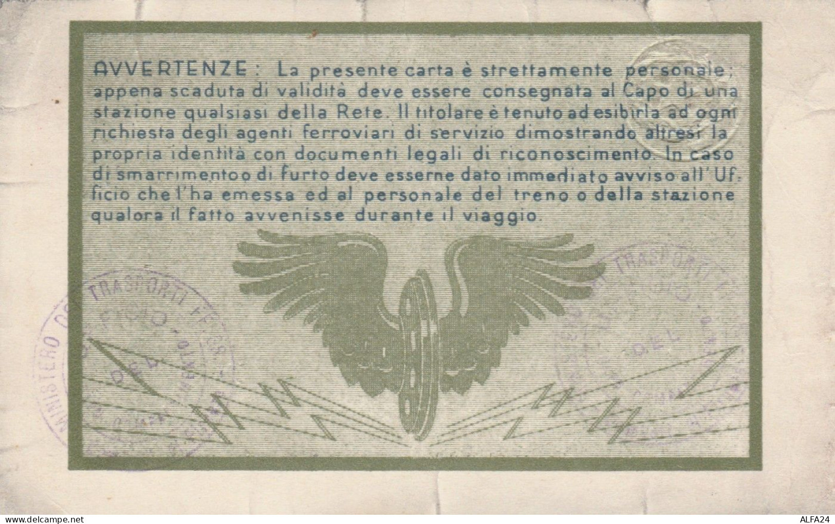 CARTA LIBERA CIRCOLAZIONE FERROVIE DELLO STATO 1952 (PREMIO OBBLIGAZIONI) (XF53 - Europe