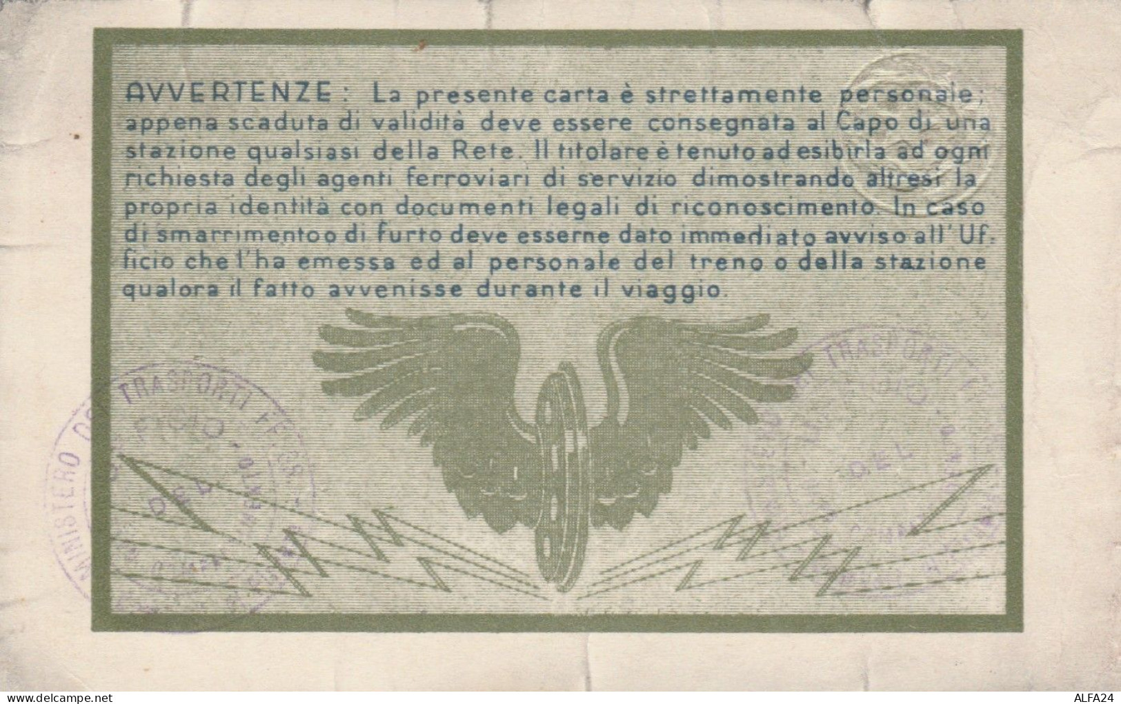 CARTA LIBERA CIRCOLAZIONE FERROVIE DELLO STATO 1952 (PREMIO OBBLIGAZIONI) (XF53 - Europa