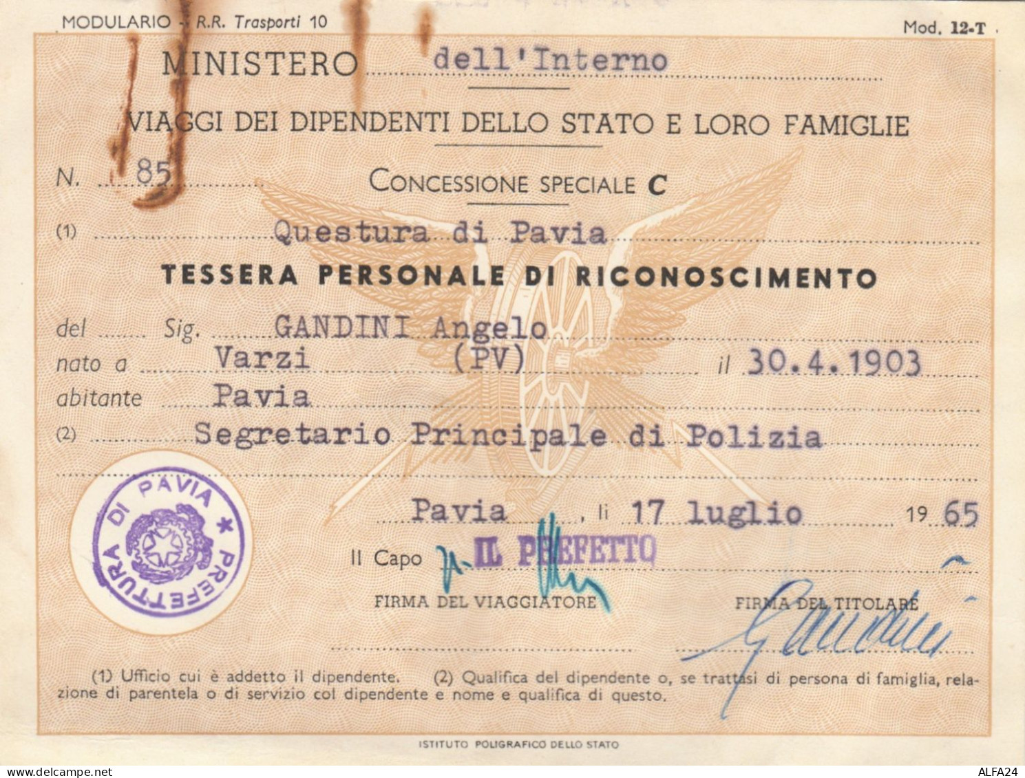 TESSERA PERSONALE RICONOSCIMENTO VIAGGI 1965 (XF44 - Europe