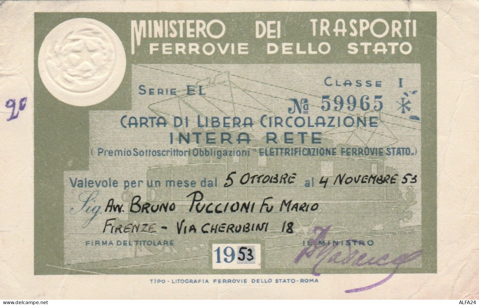 CARTA LIBERA CIRCOLAZIONE FERROVIE DELLO STATO 1953 (PREMIO OBBLIGAZIONI) (XF41 - Europe