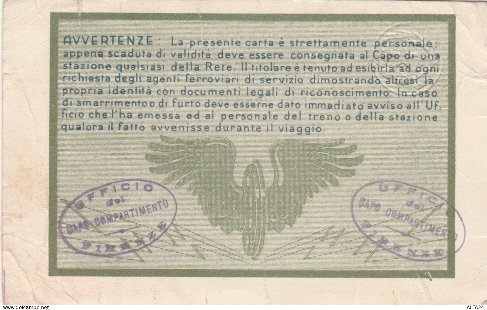 CARTA LIBERA CIRCOLAZIONE FERROVIE DELLO STATO 1953 (PREMIO OBBLIGAZIONI) (XF41 - Europe