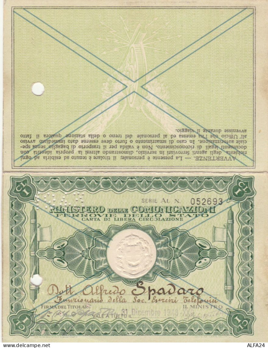 CARTA LIBERA CIRCOLAZIONE FERROVIE DELLO STATO 1943 CON FASCI (FORO ARCHIVIAZIONE) (XF4 - Europa