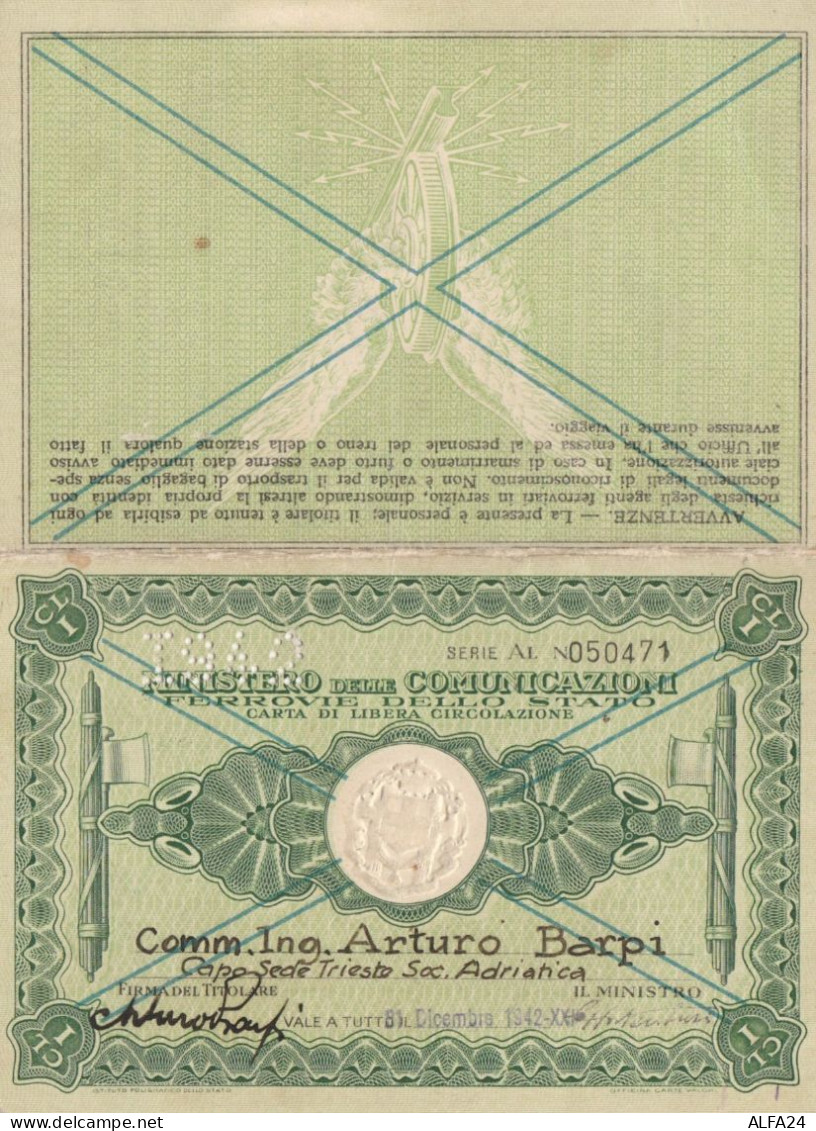 CARTA LIBERA CIRCOLAZIONE FERROVIE DELLO STATO 1942 CON FASCI (XF8 - Europa