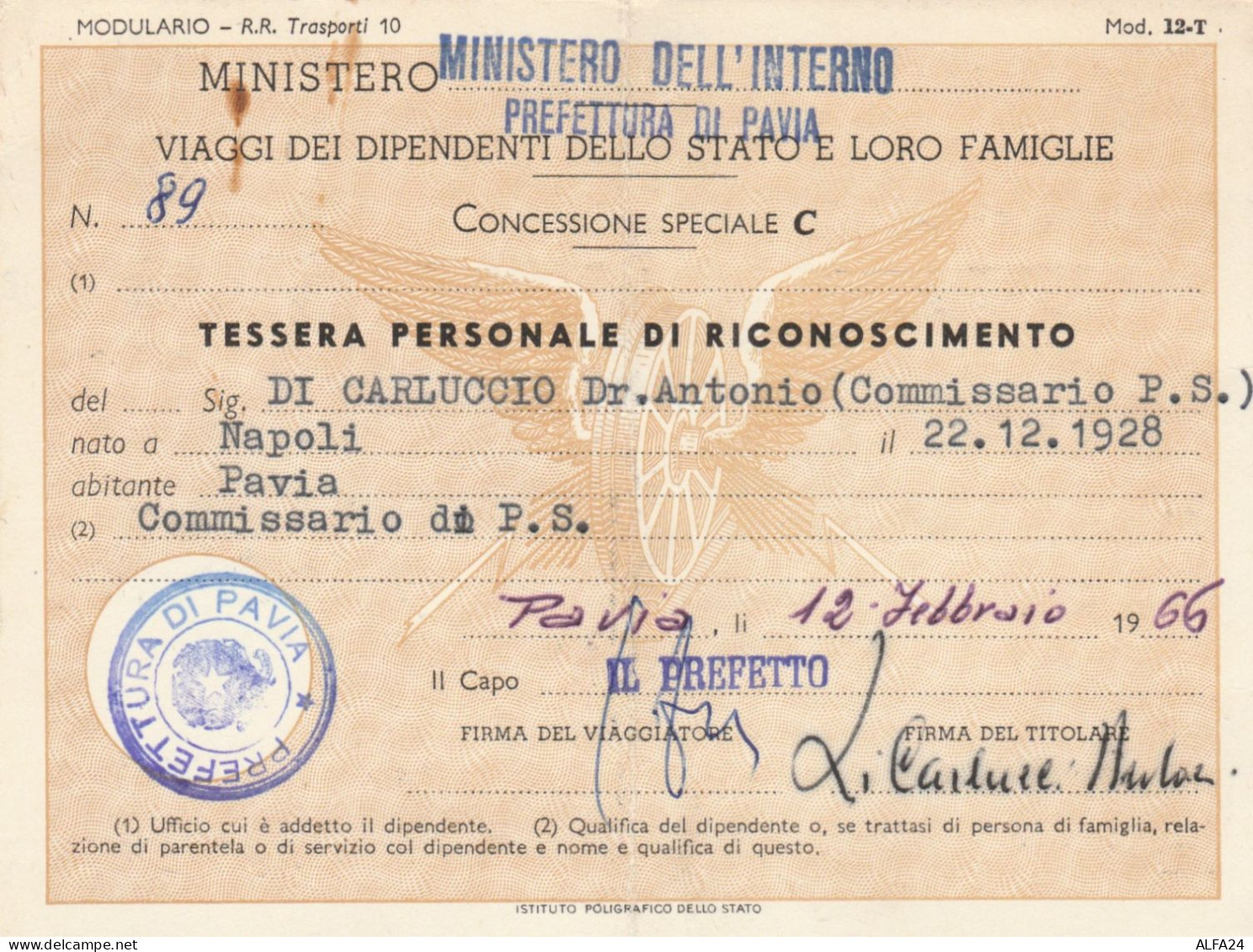 TESSERA PERSONALE RICONOSCIMENTO VIAGGI 1966 Piega Centrale (XF42 - Europa