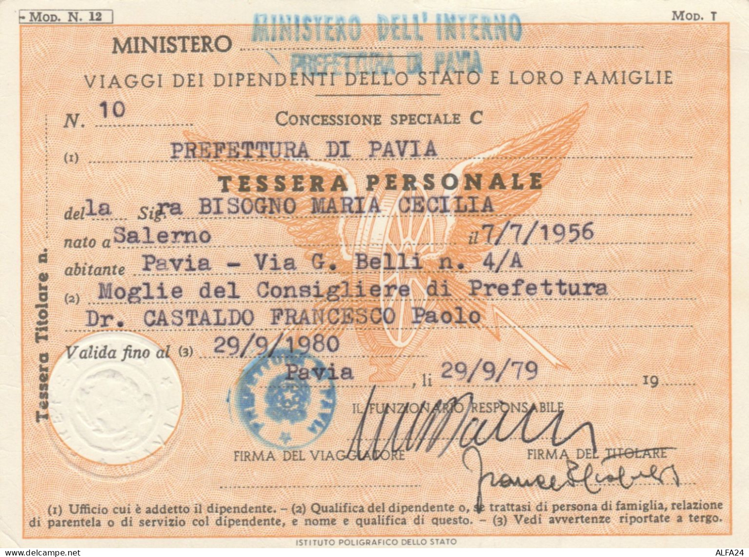 TESSERA PERSONALE RICONOSCIMENTO VIAGGI 1979 (XF43 - Europa