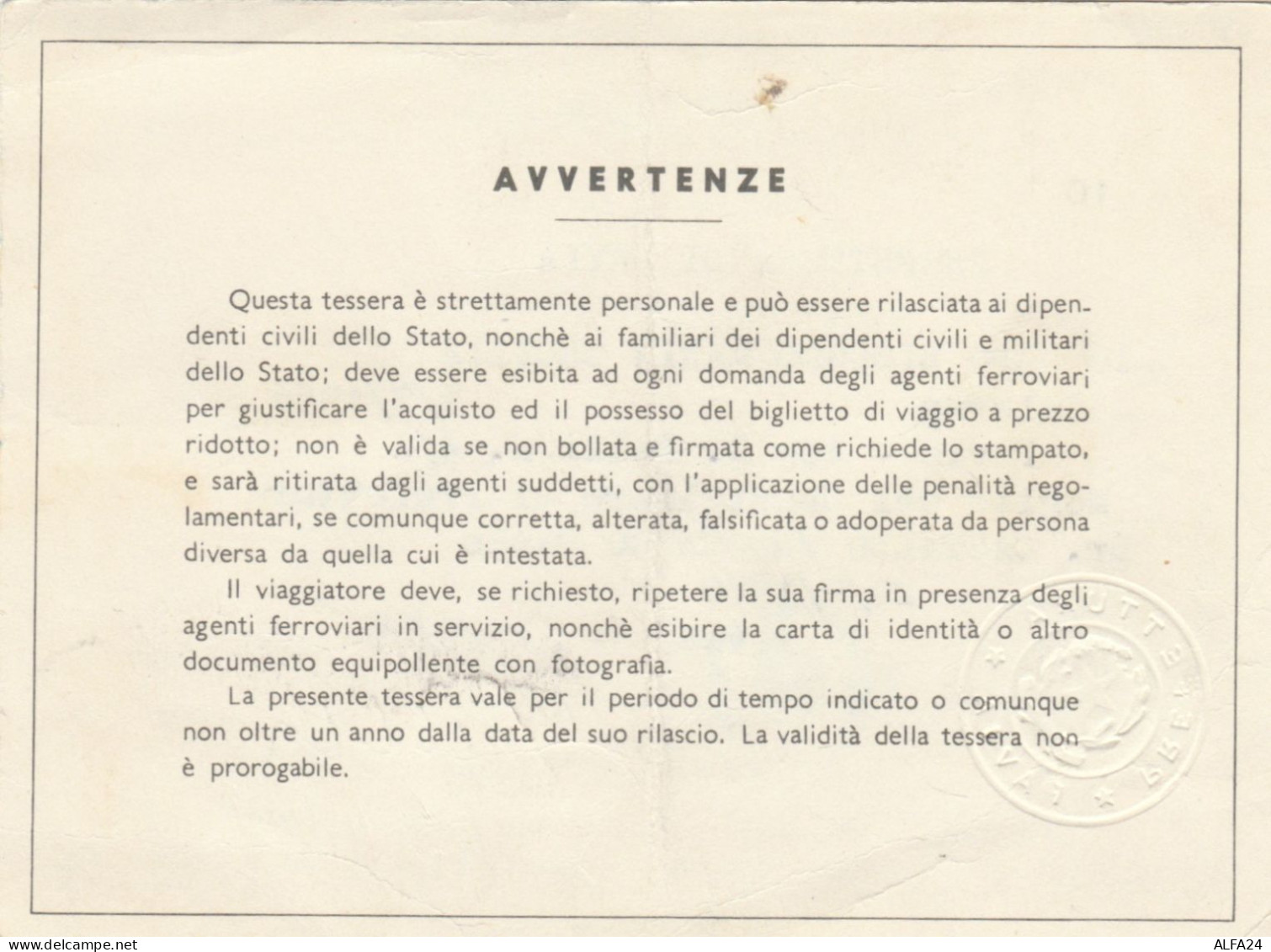 TESSERA PERSONALE RICONOSCIMENTO VIAGGI 1979 (XF43 - Europa