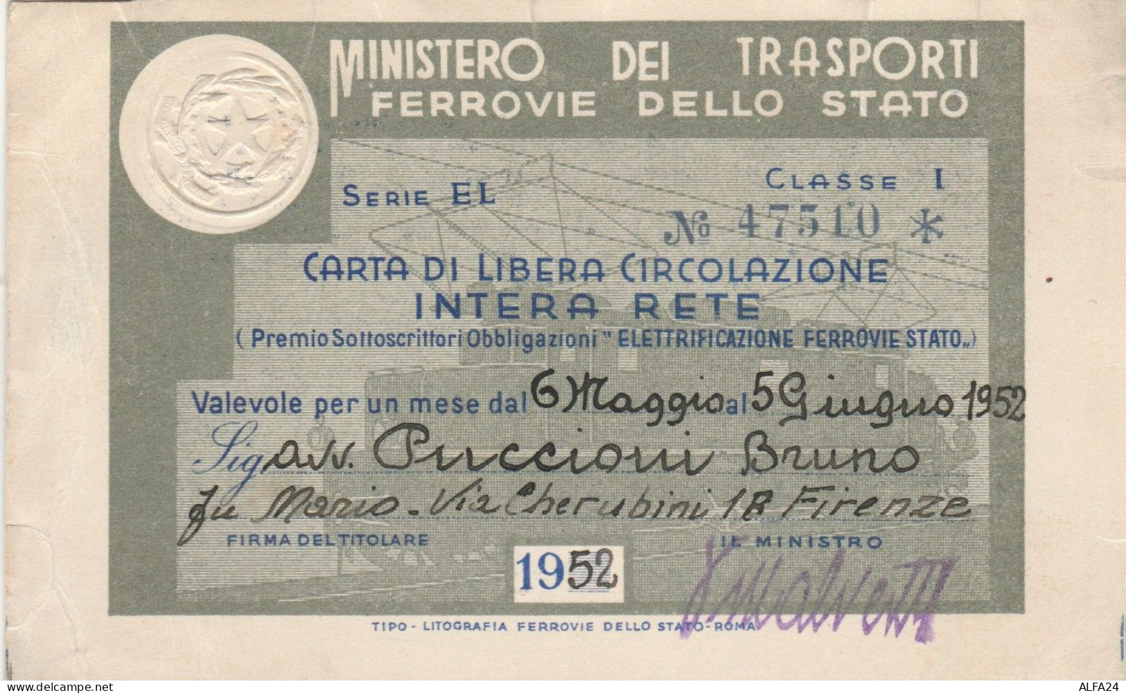 CARTA LIBERA CIRCOLAZIONE FERROVIE DELLO STATO 1952 (PREMIO OBBLIGAZIONI) (XF3 - Europa