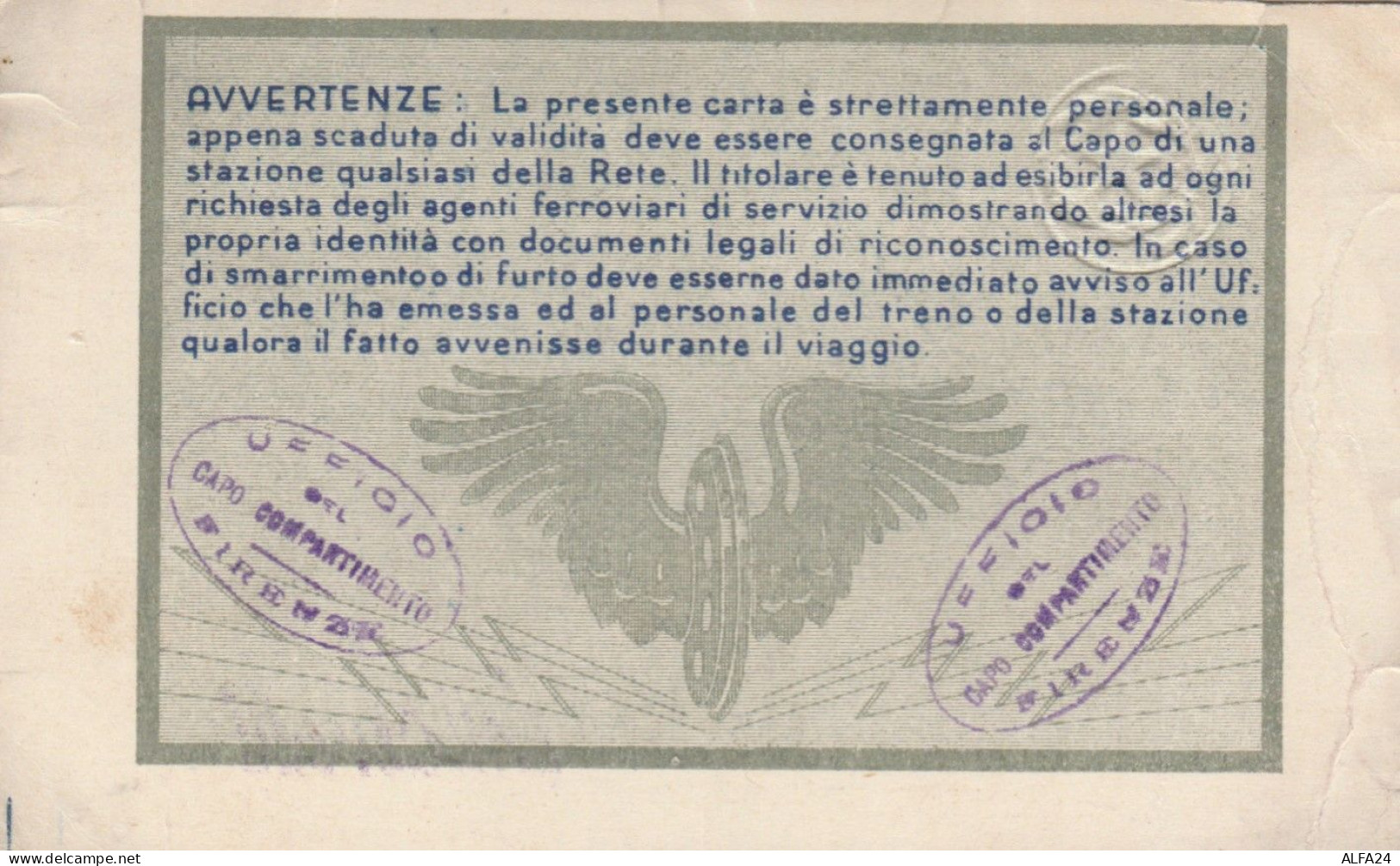 CARTA LIBERA CIRCOLAZIONE FERROVIE DELLO STATO 1952 (PREMIO OBBLIGAZIONI) (XF3 - Europa