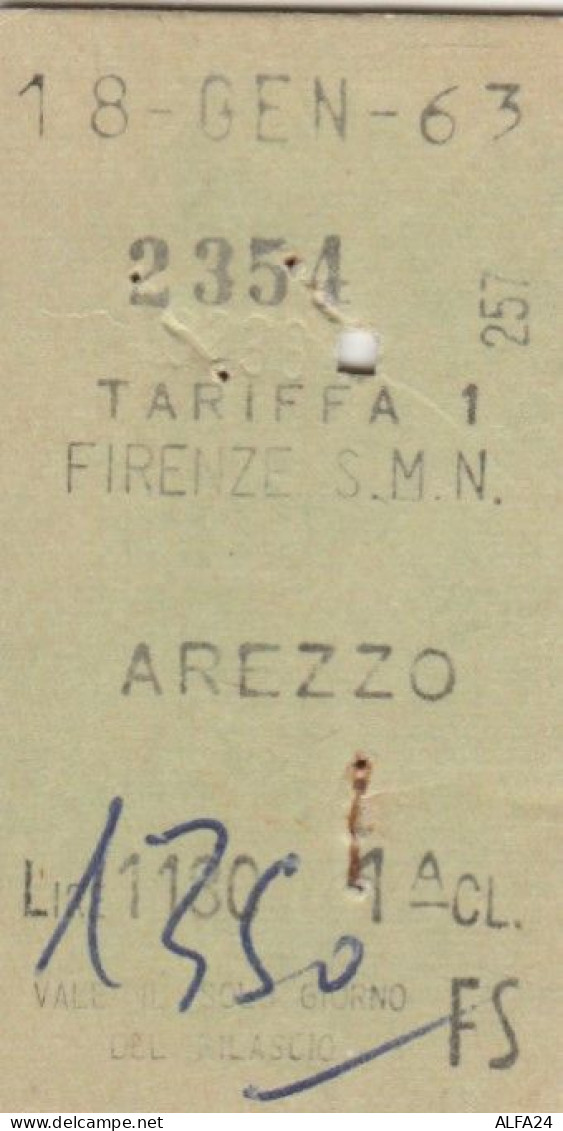 BIGLIETTO FERROVIE EDMONDSON 1963 FIRENZE AREZZO 1 CL (XF909 - Europa