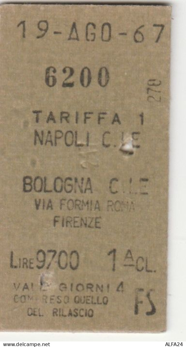 BIGLIETTO FERROVIE EDMONDSON NAPOLI BOLOGNA 1 CL L.9700 1967 (XF854 - Europa