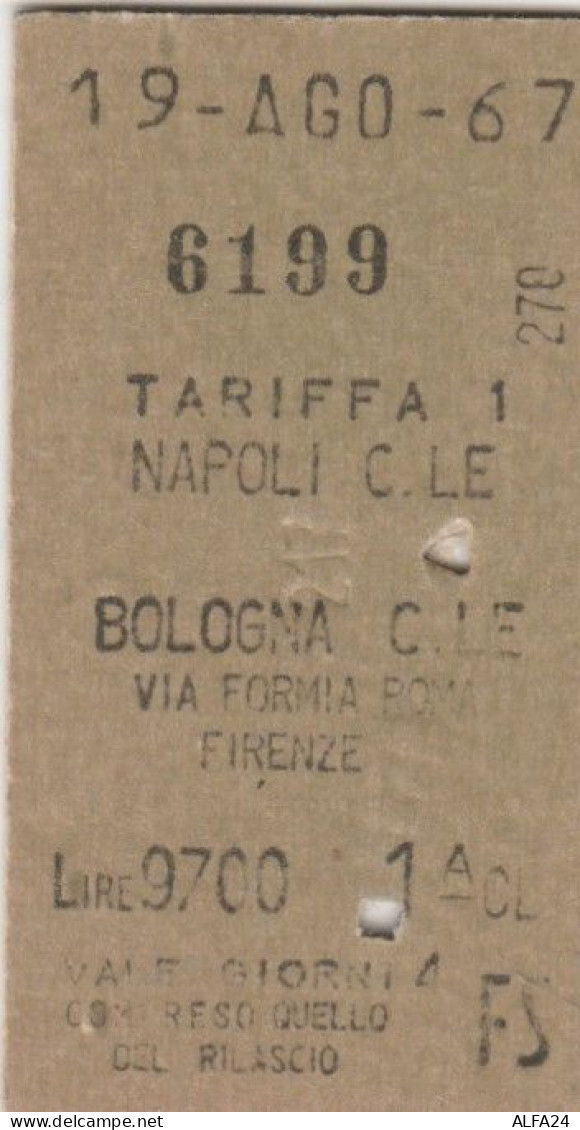 BIGLIETTO FERROVIE EDMONDSON NAPOLI BOLOGNA 1 CL L.9700 1967 (XF826 - Europa