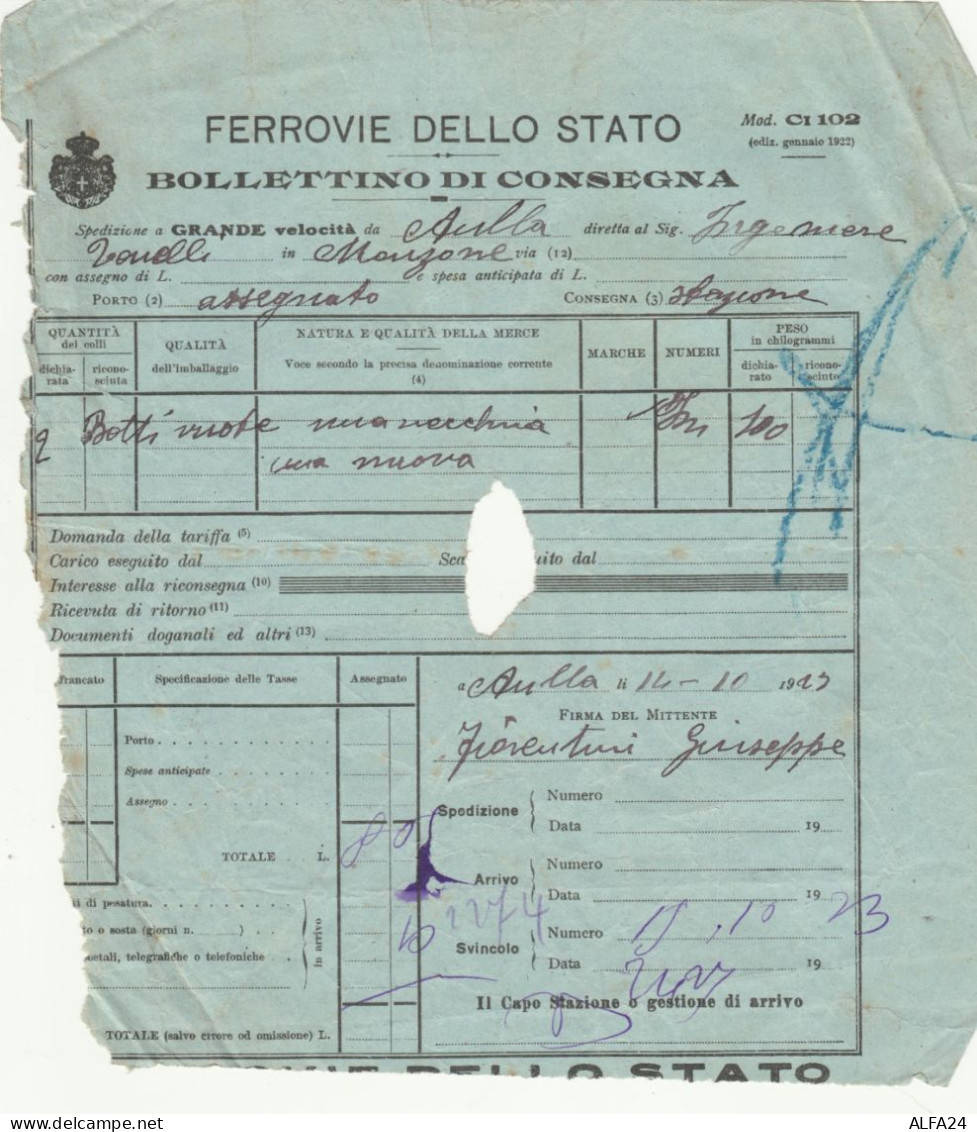 BOLLETTINO DI CONSEGNA FERROVIE 1923 (XF549 - Europa