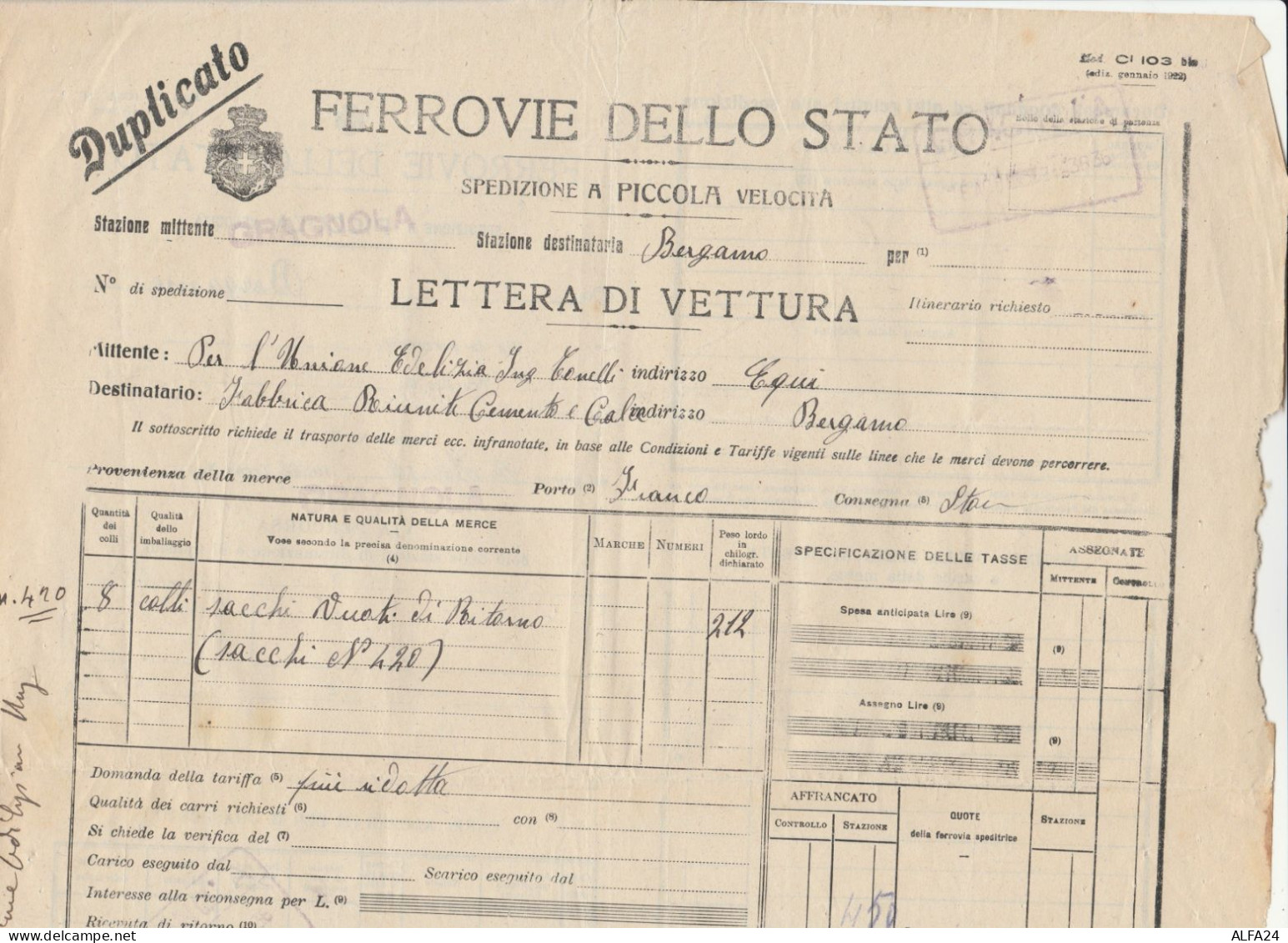 LETTERA DI VETTURA FERROVIE GRAGNOLA 1922 (XF763 - Europa