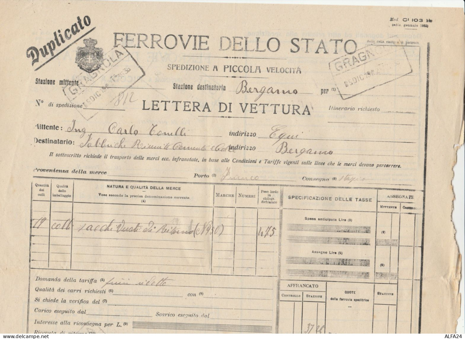 LETTERA DI VETTURA FERROVIE GRAGNOLA 1922 (XF761 - Europe
