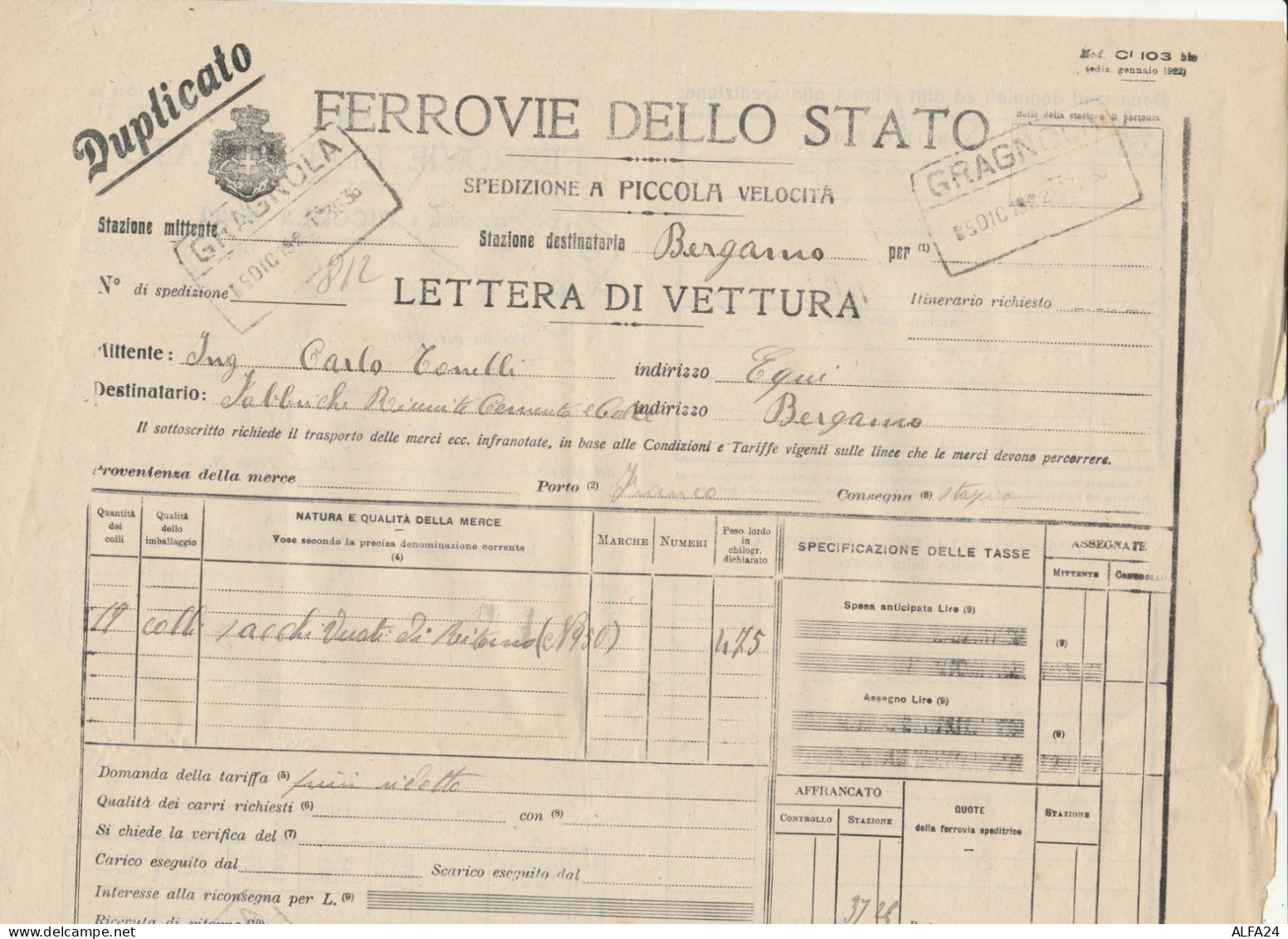 LETTERA DI VETTURA FERROVIE GRAGNOLA 1922 (XF761 - Europa