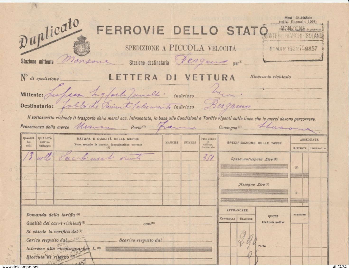 LETTERA DI VETTURA FERROVIE MONZONE 1922 (XF754 - Europe