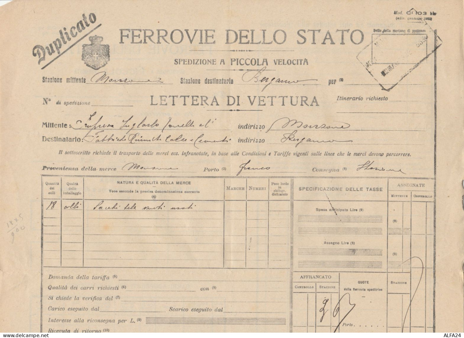 LETTERA DI VETTURA FERROVIE MONZONE 1922 (XF757 - Europe