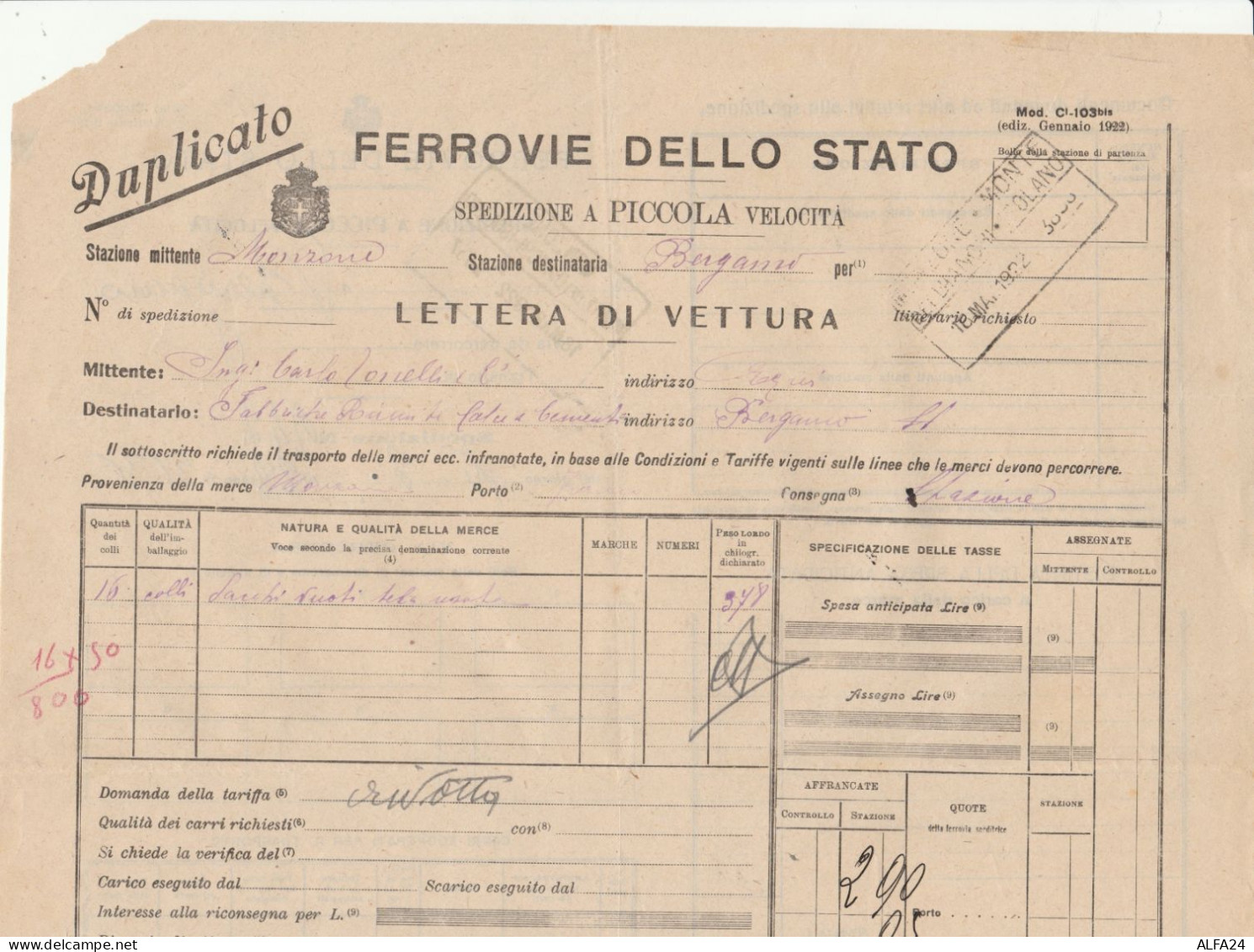 LETTERA DI VETTURA FERROVIE MONZONE 1922 (XF755 - Europe