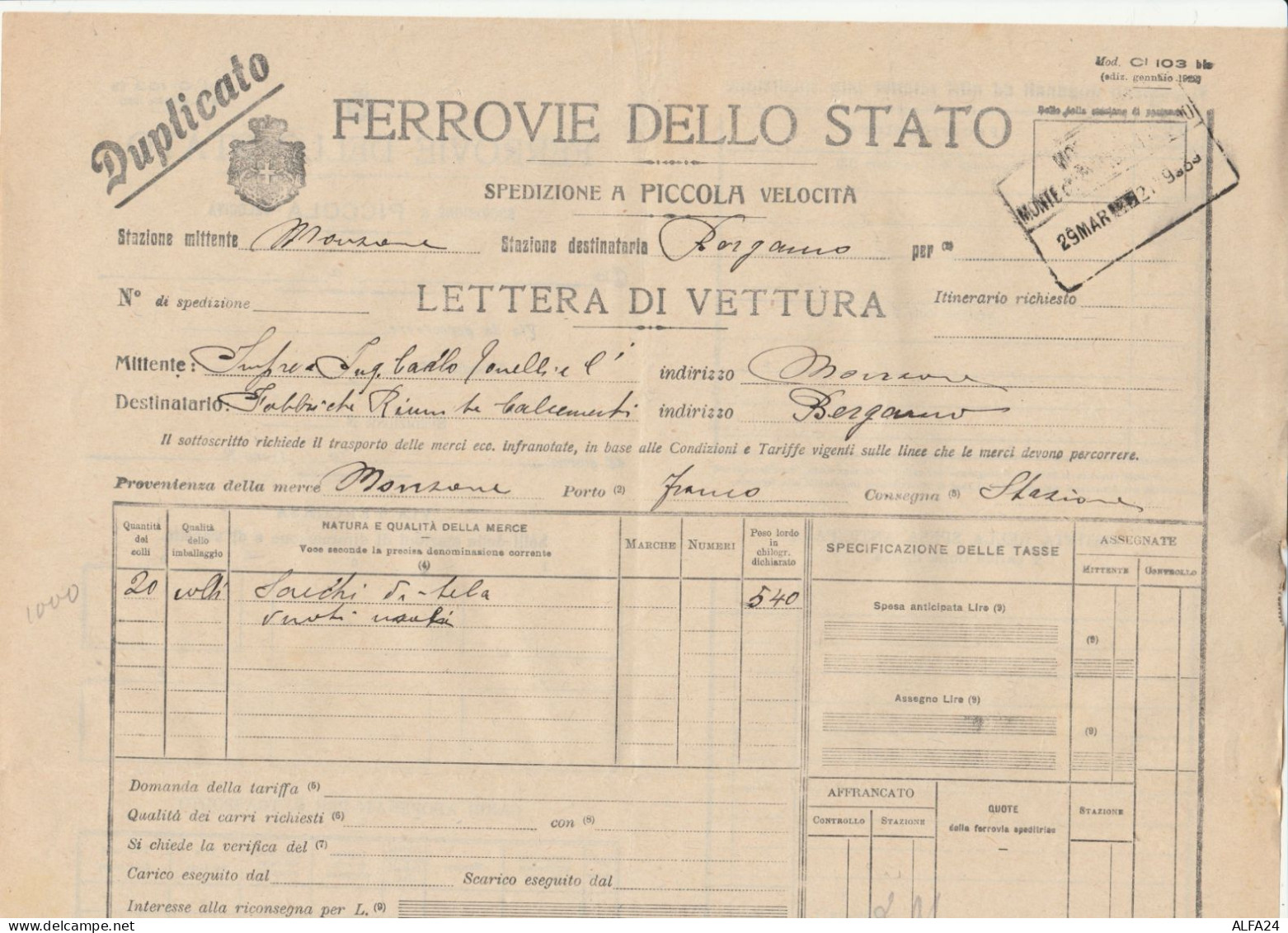 LETTERA DI VETTURA FERROVIE MONZONE 1922 (XF756 - Europe