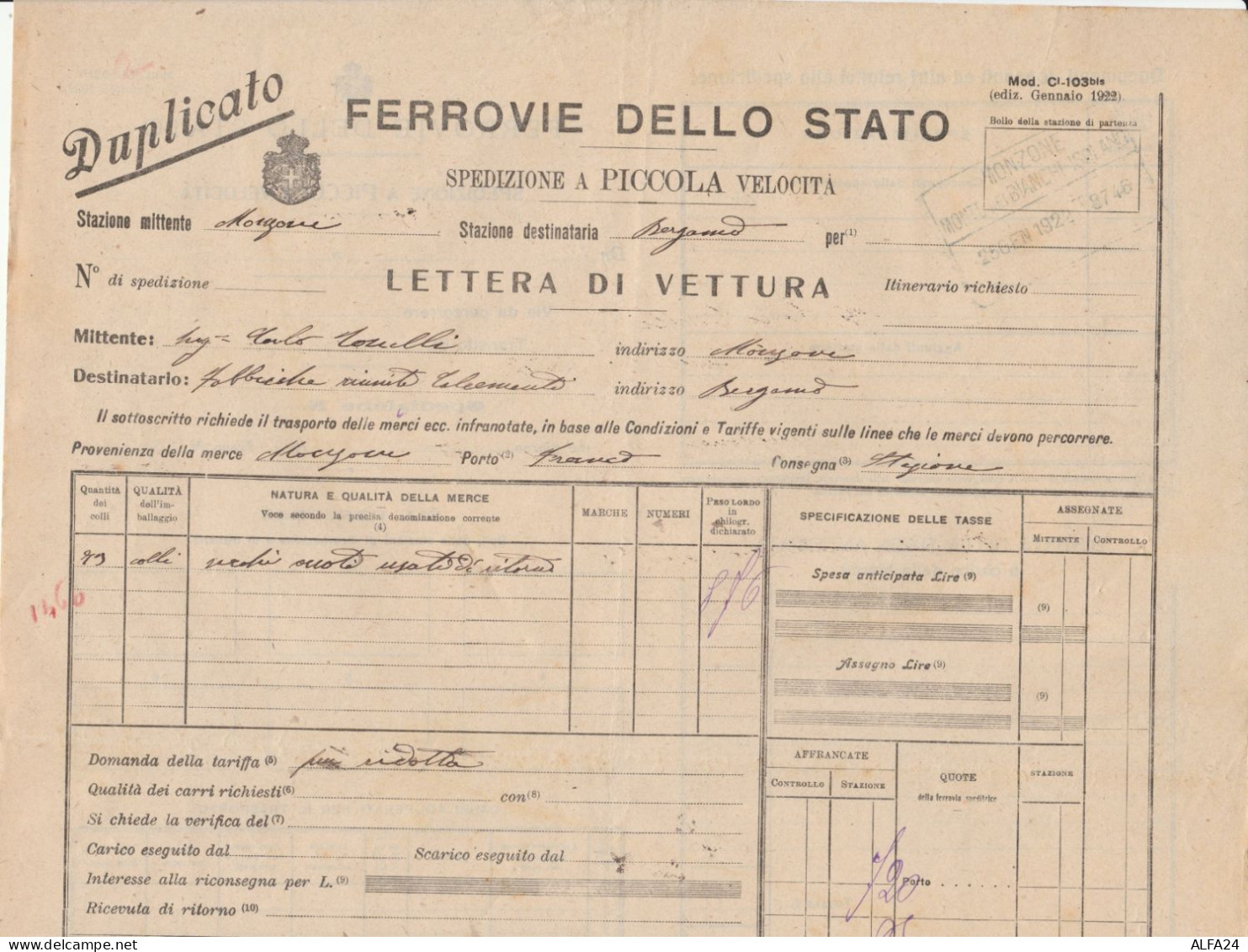 LETTERA DI VETTURA FERROVIE MONZONE 1922 (XF750 - Europa