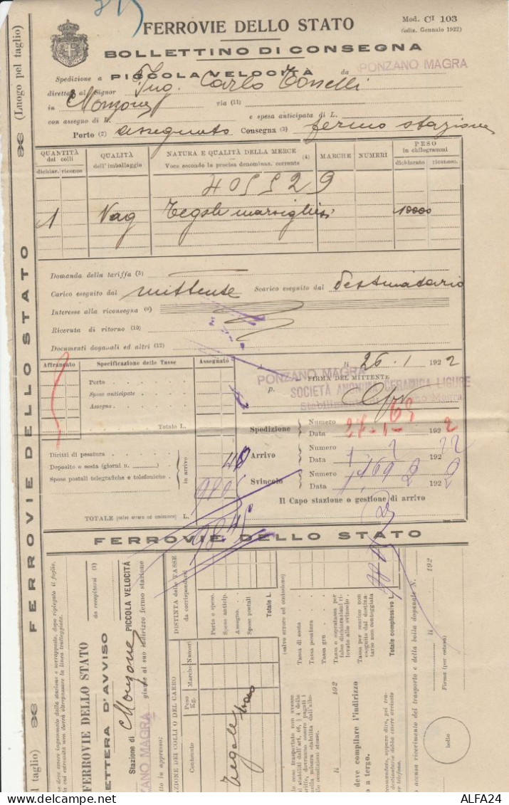 BOLLETTINO DI CONSEGNA FERRROVIE 1922 PONZANO MAGRA (XF744 - Europe