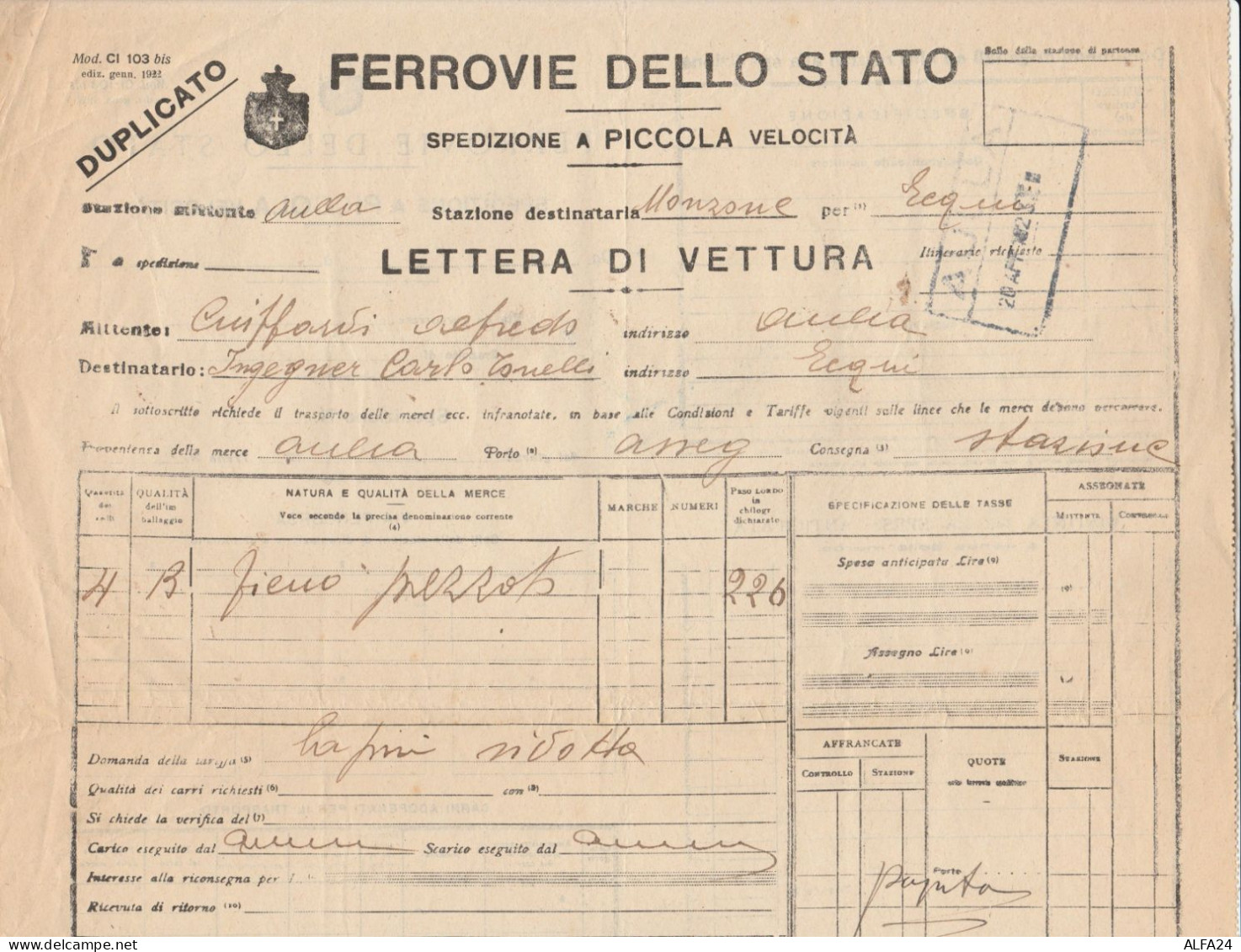 LETTERA DI VETTURA FERROVIE MONZONE 1928 (XF745 - Europa