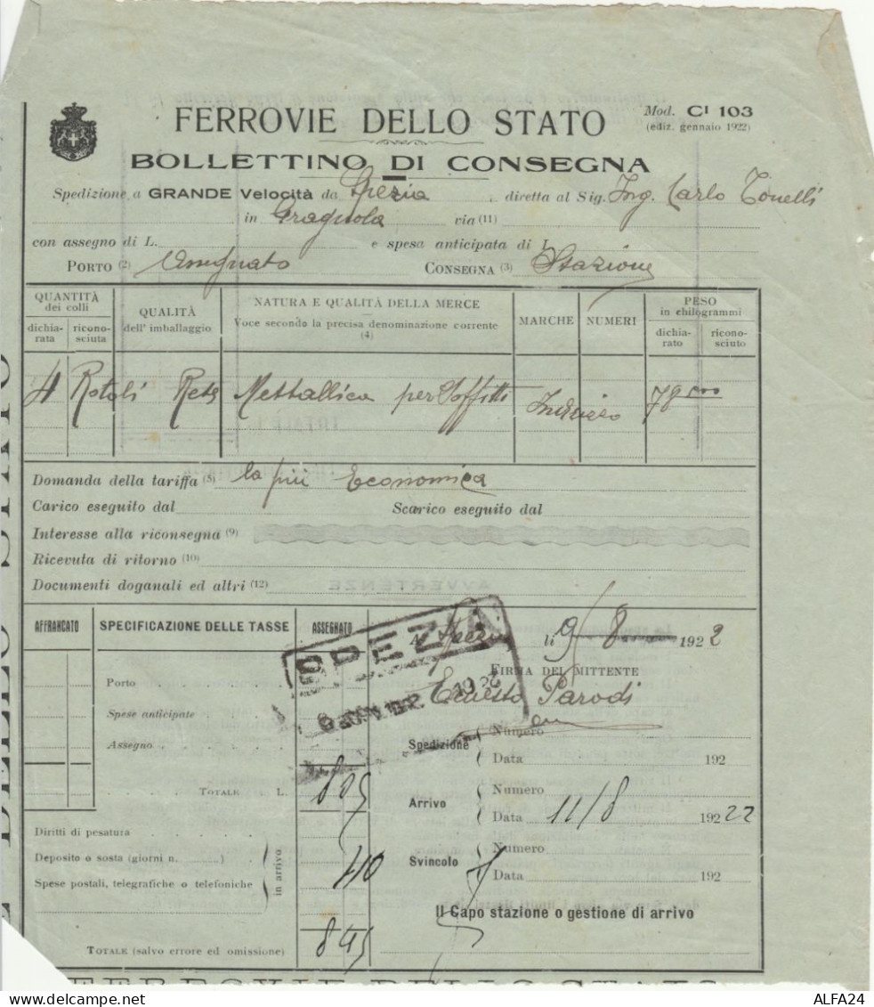 BOLLETTINO DI CONSEGNA FERRROVIE 1922 SPEZIA (XF741 - Europa