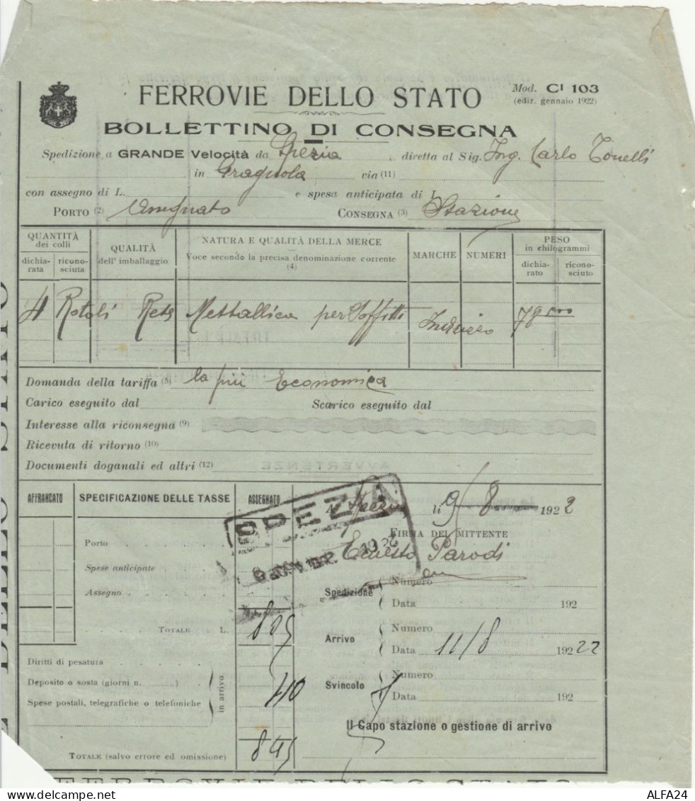 BOLLETTINO DI CONSEGNA FERRROVIE 1922 SPEZIA (XF741 - Europe