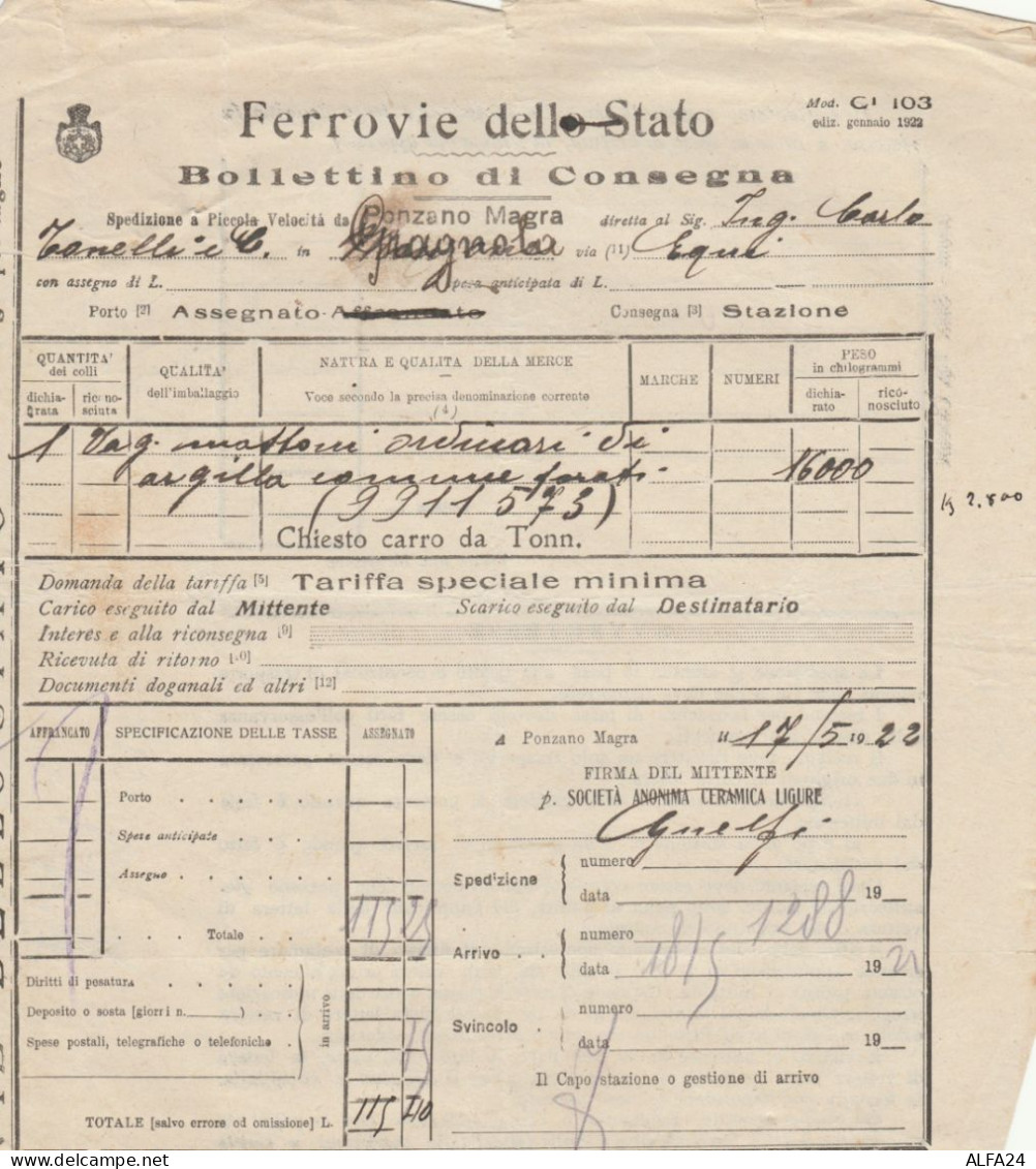 BOLLETTINO DI CONSEGNA FERRROVIE 1922 PONZANO MAGRA (XF736 - Europa