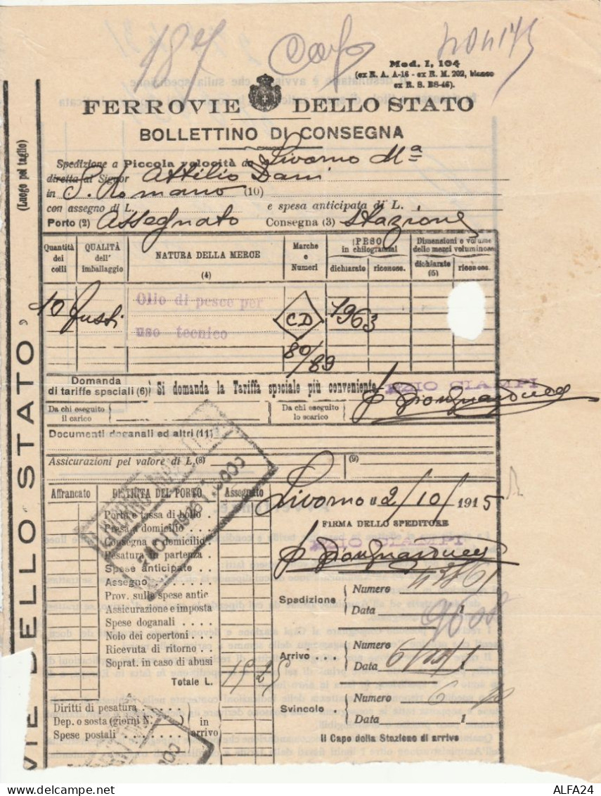 BOLLETTINO DI CONSEGNA FERRROVIE  1915 LIVORNO (XF721 - Europe