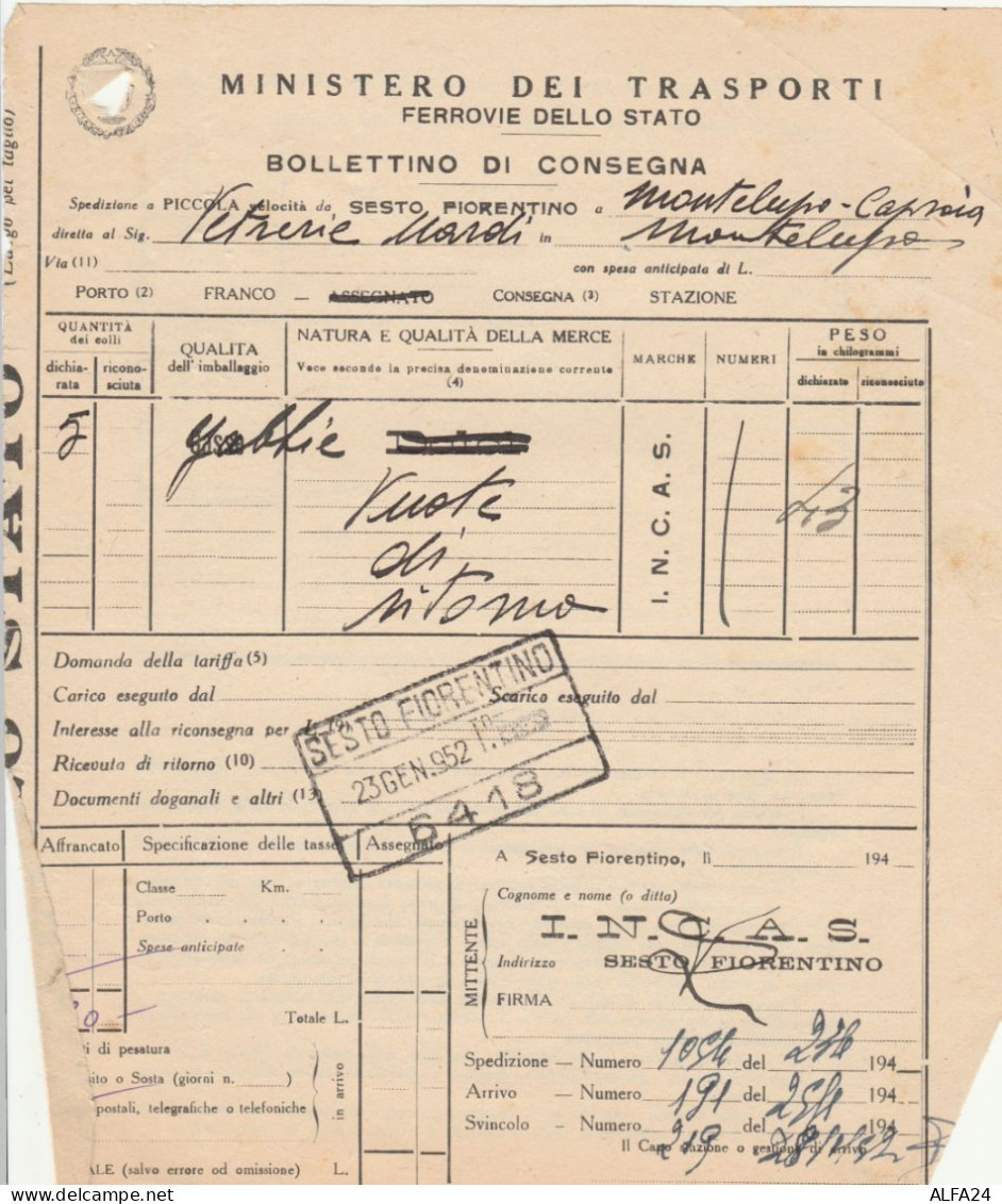 BOLLETTINO DI CONSEGNA FERRROVIE 1952 SESTO FIORENTINO (XF719 - Europe