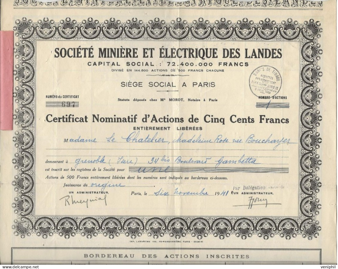 SOCIETE MINIERE ET ELECTRIQUE DES LANDES -CERTIFICAT NOMINATIF D'ACTIONS DE CINQ CENT FRANCS  -ANNEE 1941 - Mineral