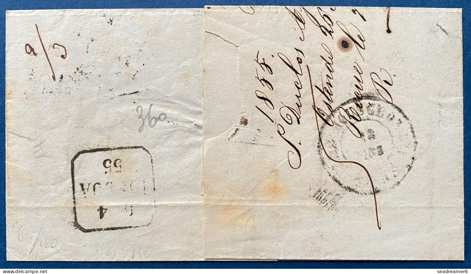 LETTRE 1855 Sans Timbre D'OSTENDE Pour LISBONNE / PORTUGAL + Càd Entrée " BELG.-LILLE / A.CALAIS C " + Taxe 240 RRR - Bahnpoststempel