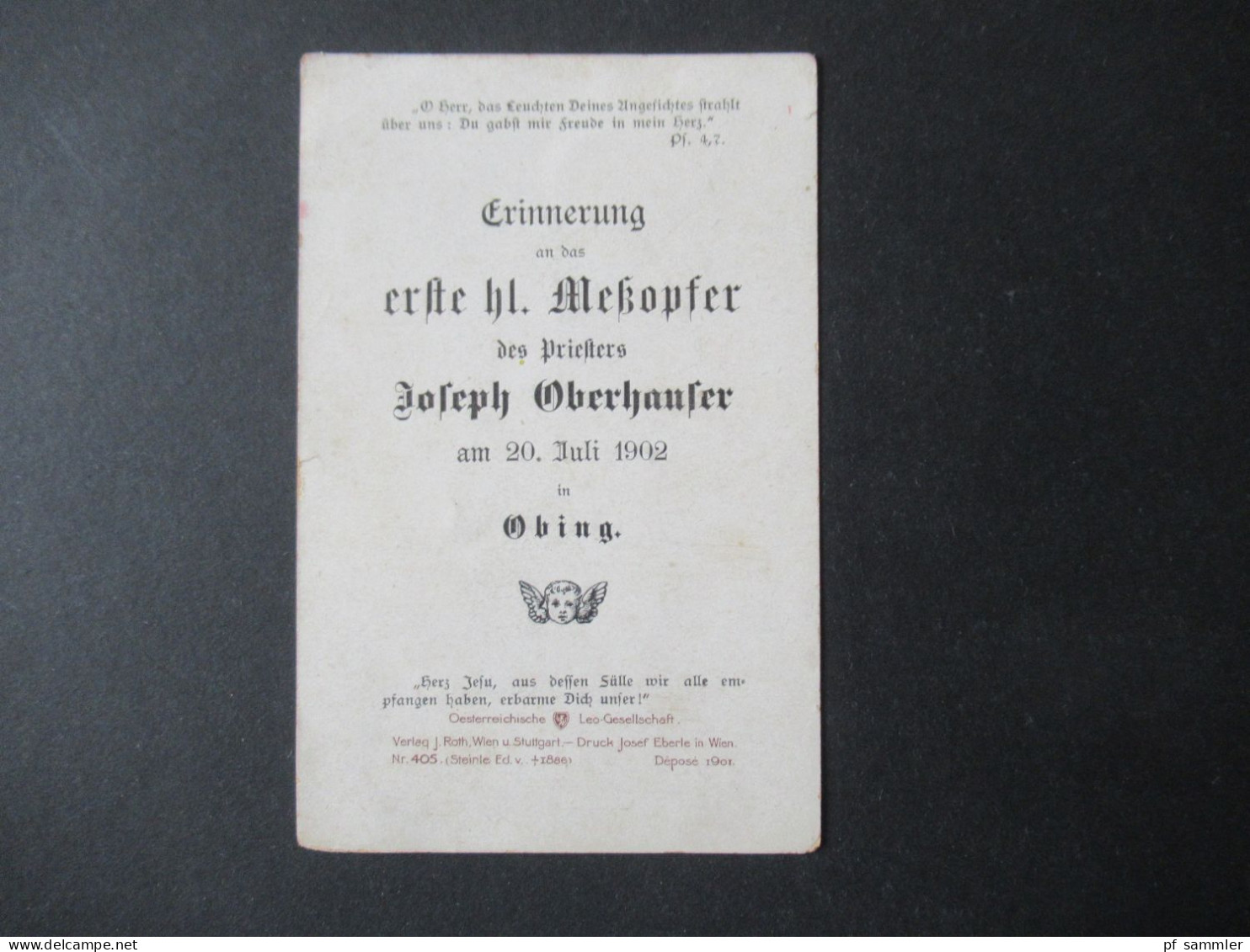 Andachtsbild Erinnerung An Das Erste Heilige Meßopfer Des Priesters Joseph Oberhaufer Am 20.7.1902 In Obing - Engel