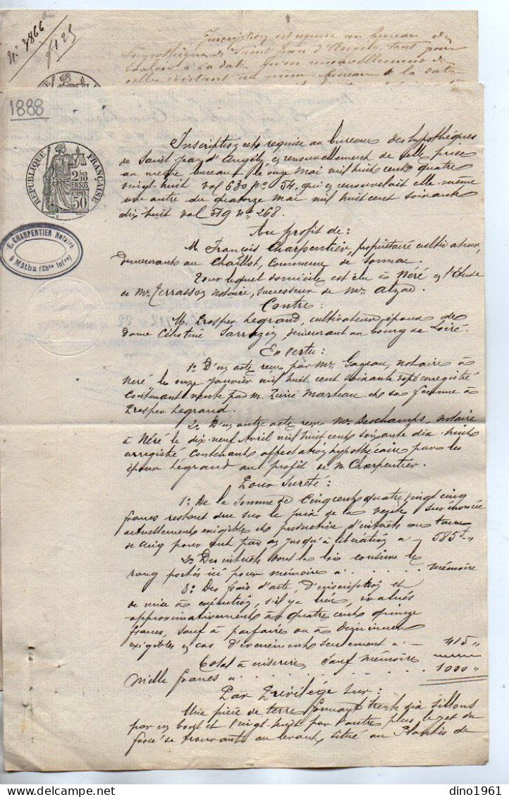 VP22.764 - SAINT JEAN D'ANGELY - 2 Actes De 1888 - M. CHARPENTIER à SONNAC Contre M. LEGRAND à LOIRE - Manuscrits