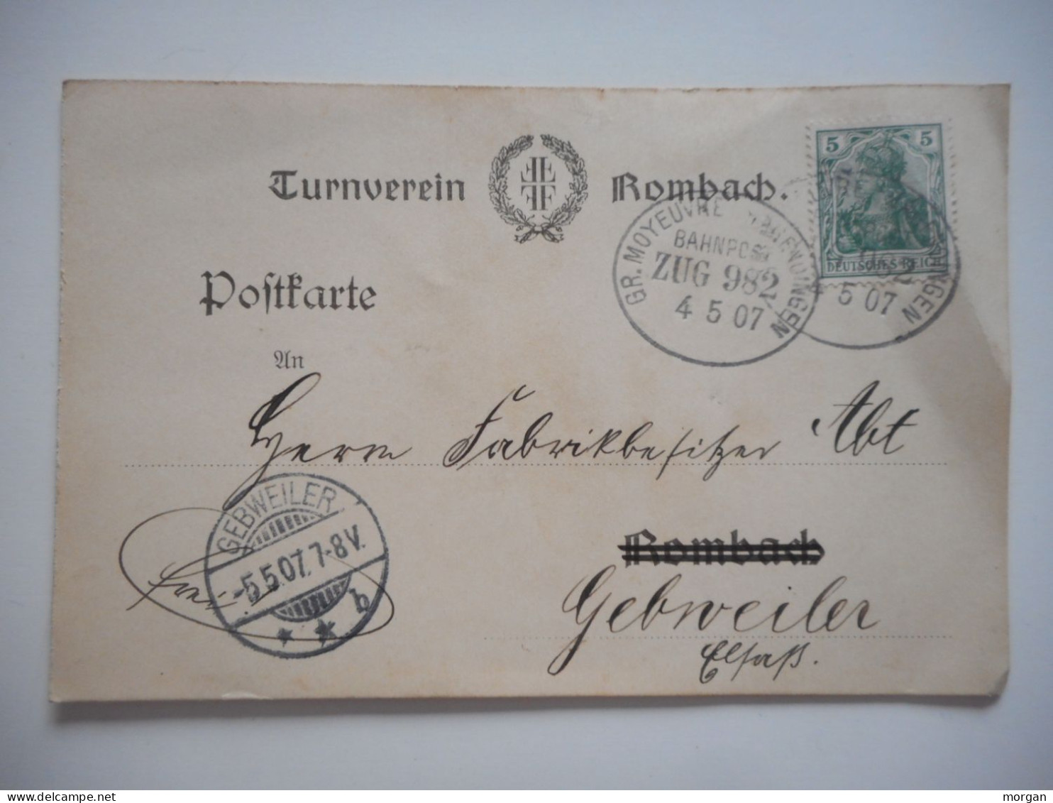 ALSACE, POSTKARTE 1907 ROMBACH TURNVEREIN POUR GUEBWILLER - Collections (sans Albums)